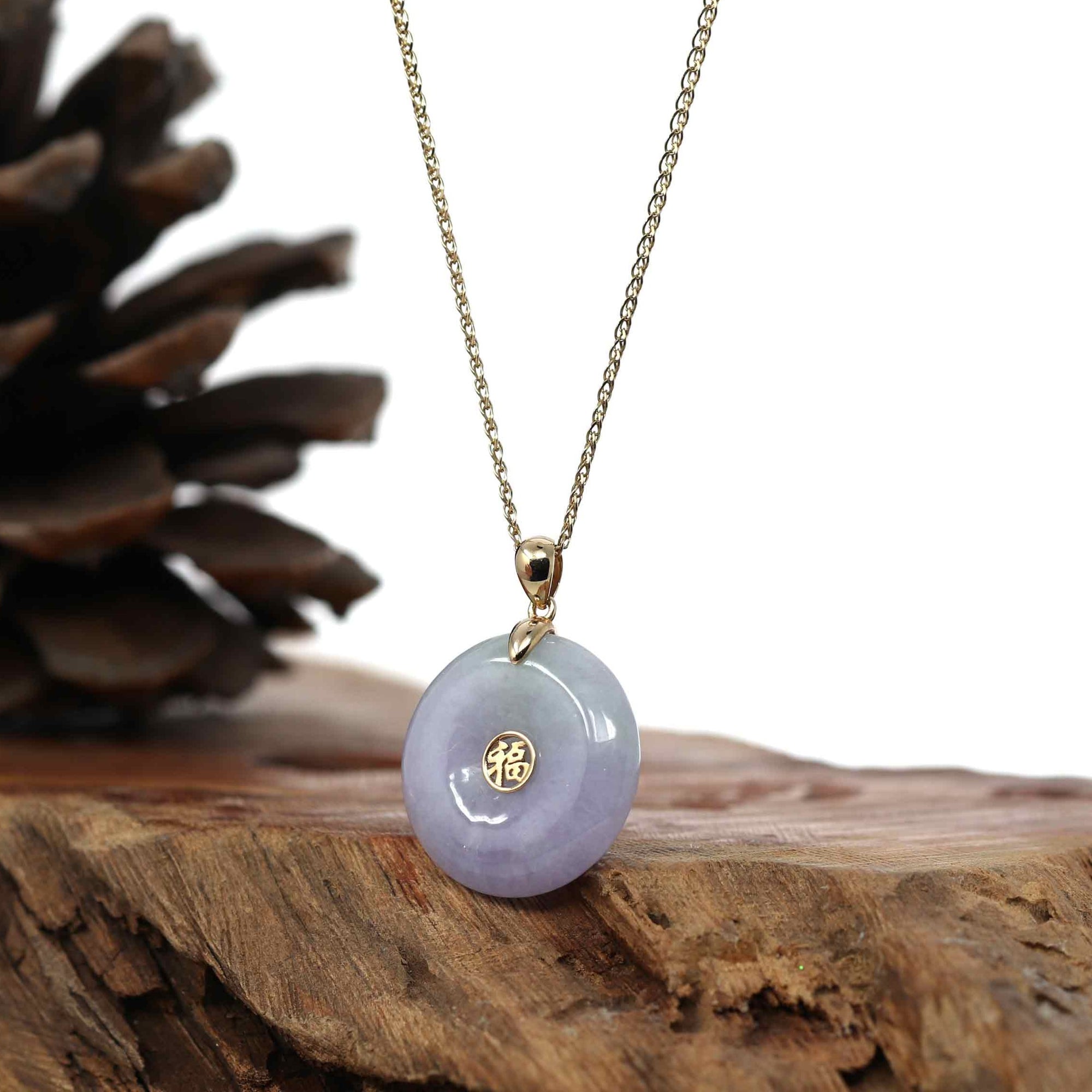 Baikalla Jewelry Gold Jadeite Jade Pendant Necklace "Good Luck Button" Lavender & Green Jadeite Jade Lucky KouKou Pendant With 14K Yellow Gold Bail