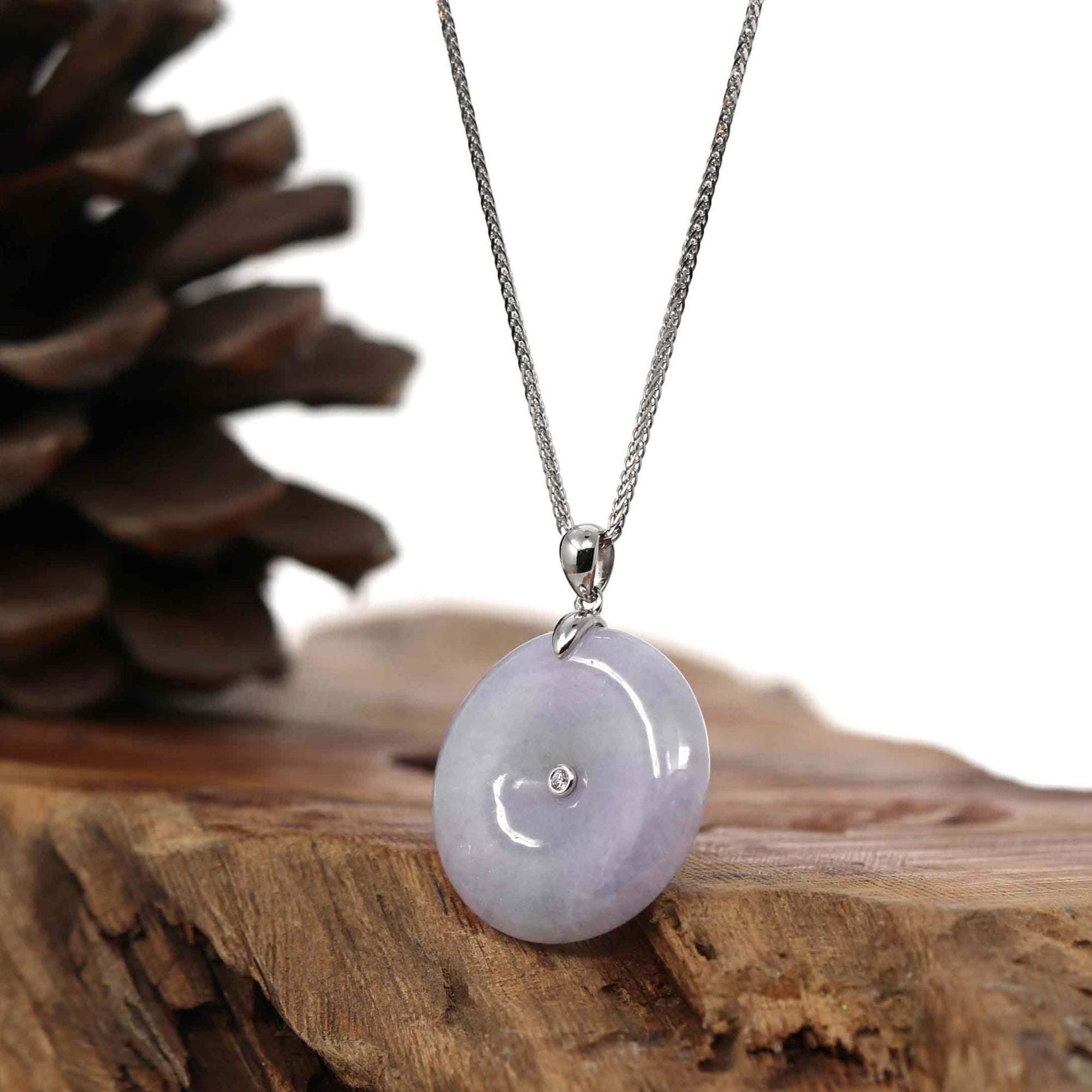 Baikalla Jewelry Gold Jadeite Jade Pendant Necklace "Good Luck Button" Lavender & Green Jadeite Jade Lucky KouKou Pendant With 14K White Gold Bail & Diamond In Center.