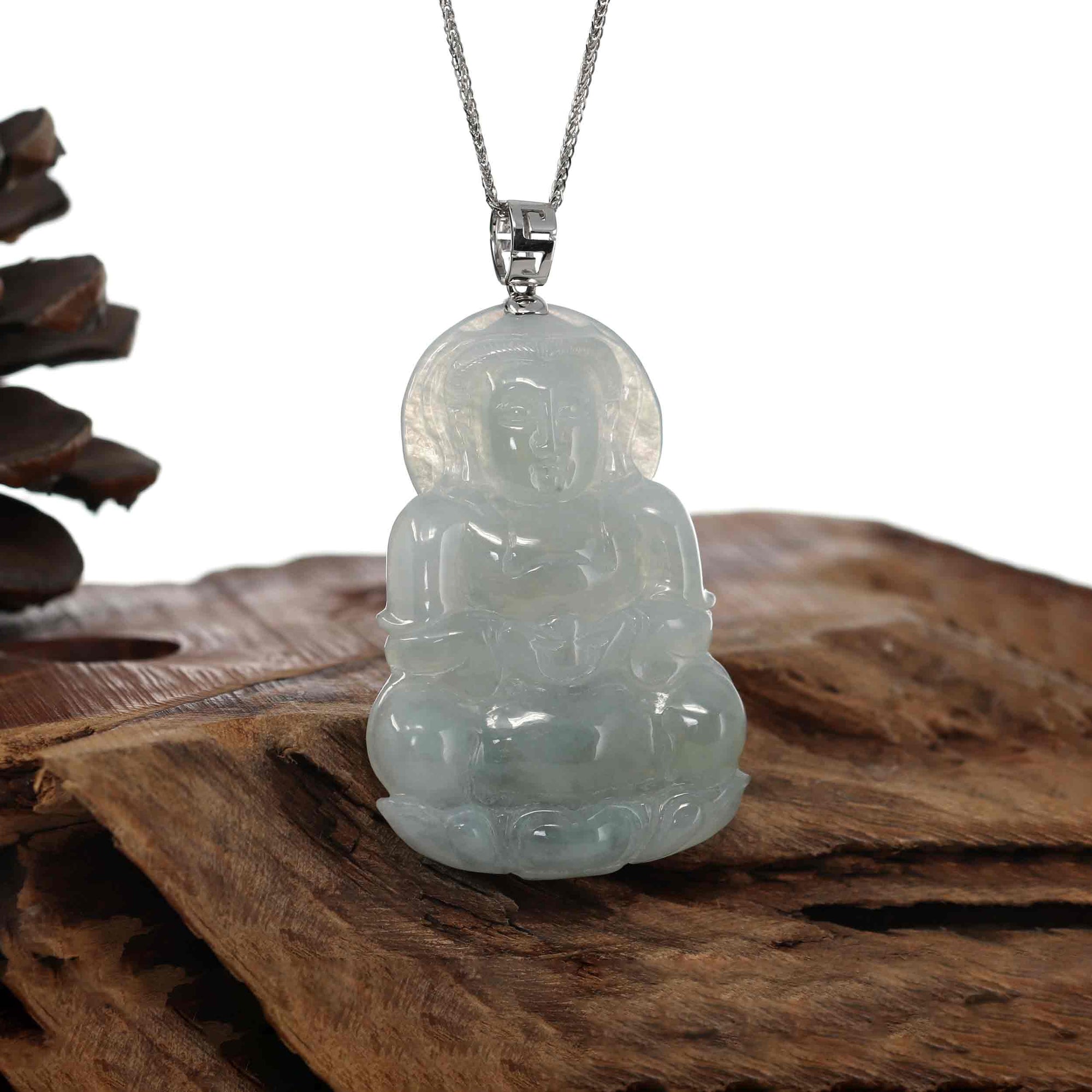 Baikalla Jewelry Jade Guanyin Pendant Necklace Baikalla "Goddess of Compassion" Genuine Burmese Ice Blue Jadeite Jade Guanyin Necklace With Good Luck Design 14K Gold  Bail