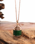 Baikalla Jewelry 18k Gold Jadeite Necklace 18K Rose Gold Genuine Jadeite Jade Prayer Wheel Flower Pendant with Diamonds