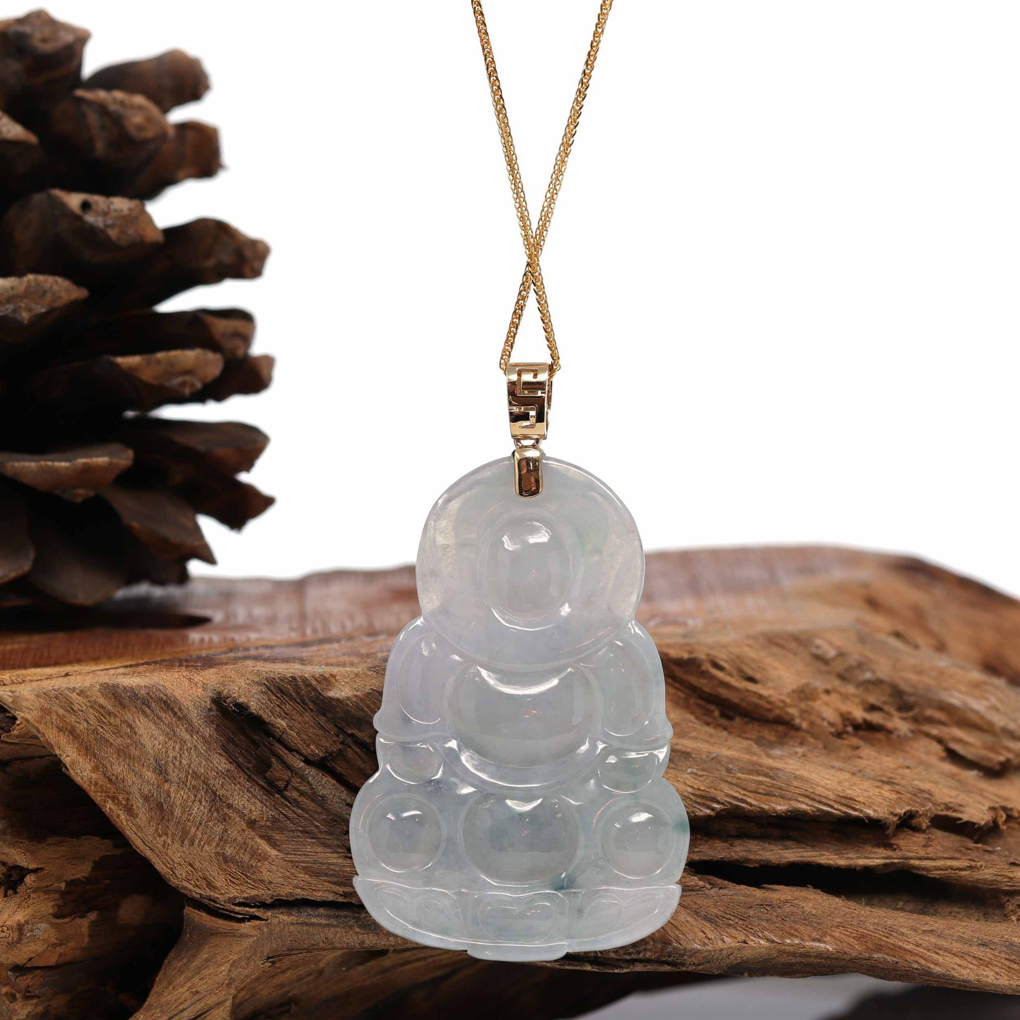 Baikalla Jewelry Jade Guanyin Pendant Necklace Baikalla 14k Yellow Gold &quot;Goddess of Compassion&quot; Genuine Burmese Jadeite Jade Guanyin Necklace With Good Luck Design