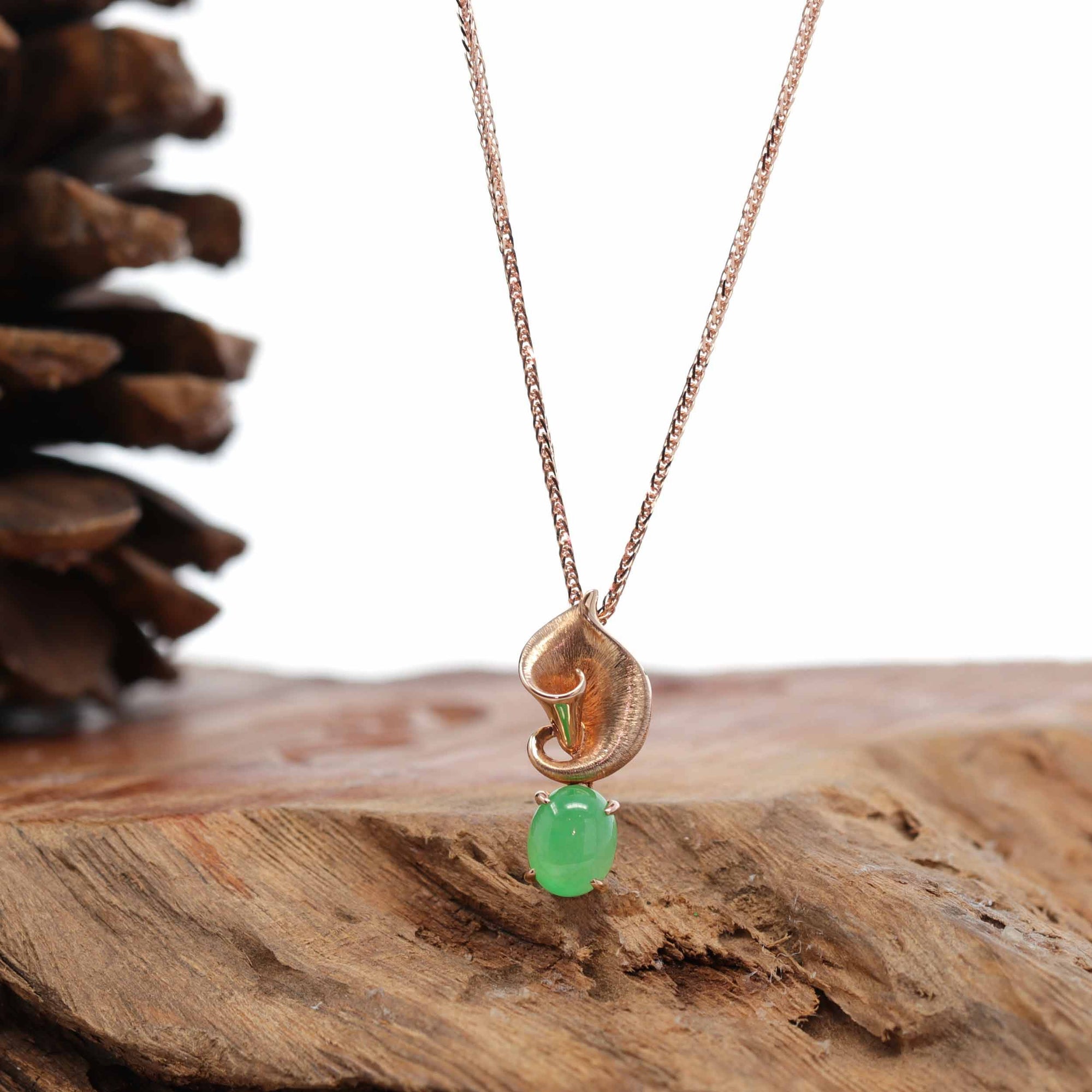 Baikalla Jewelry 18k Gold Jadeite Necklace 18K Rose Gold "Morning Glory" Genuine Jadeite Jade Pendant with Diamonds