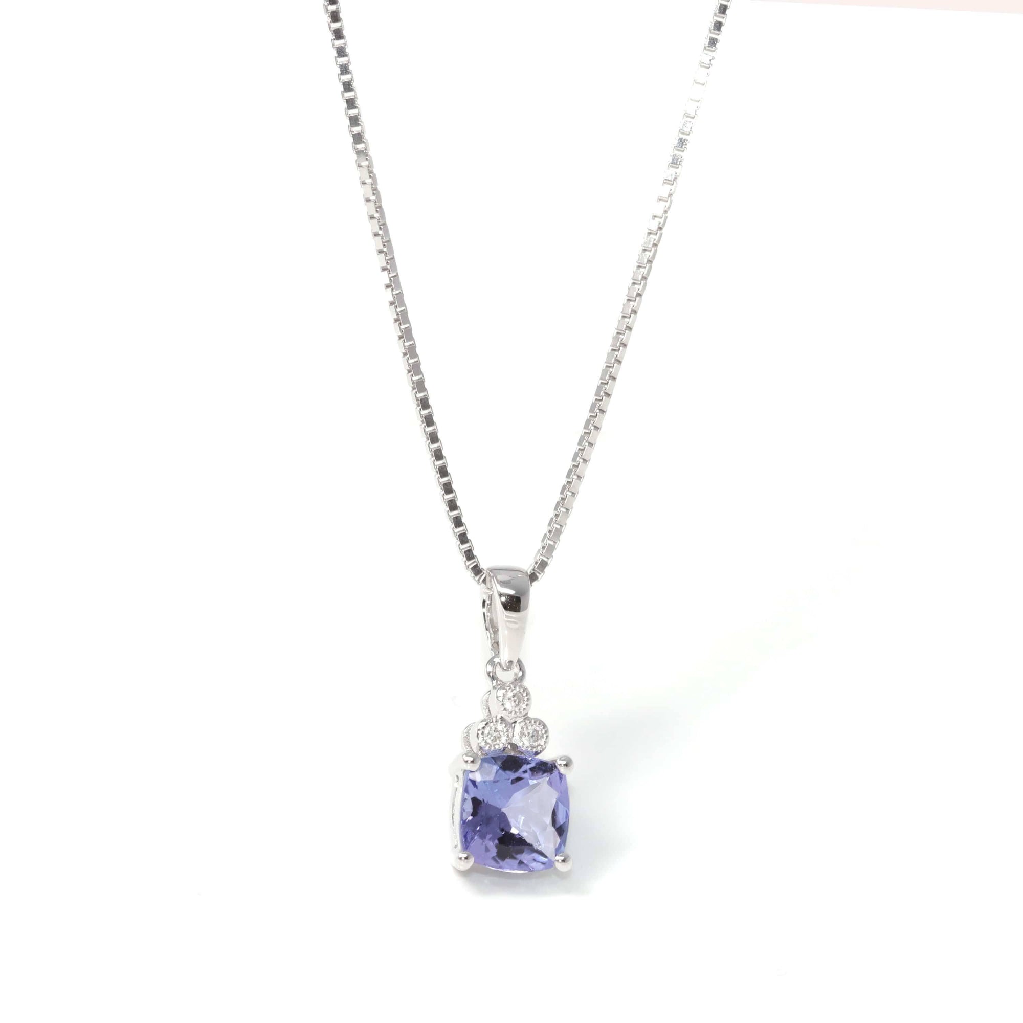 Baikalla Jewelry Gemstone Pendant Necklace Tanzanite Pendant Necklace Baikalla™ 14k White Gold Natural Tanzanite Cushion Cut Prong Set Necklace With Diamonds