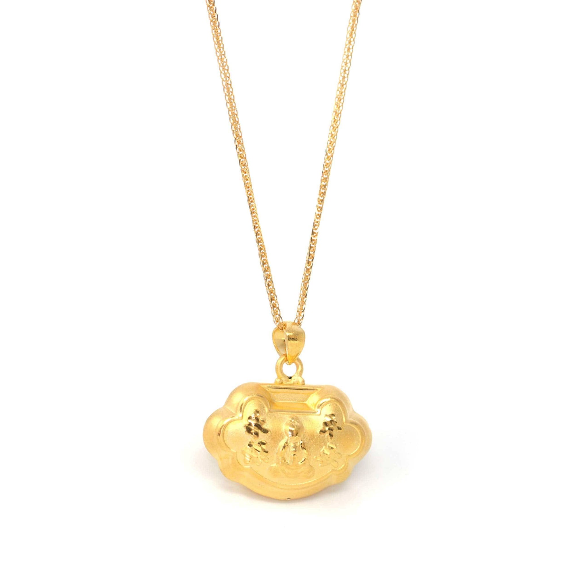 Baikalla Jewelry 24K Pure Yellow Gold Pendant With 24k Yellow Gold Chain 24k Gold "As You Wish" Ru Yi Charm Necklace