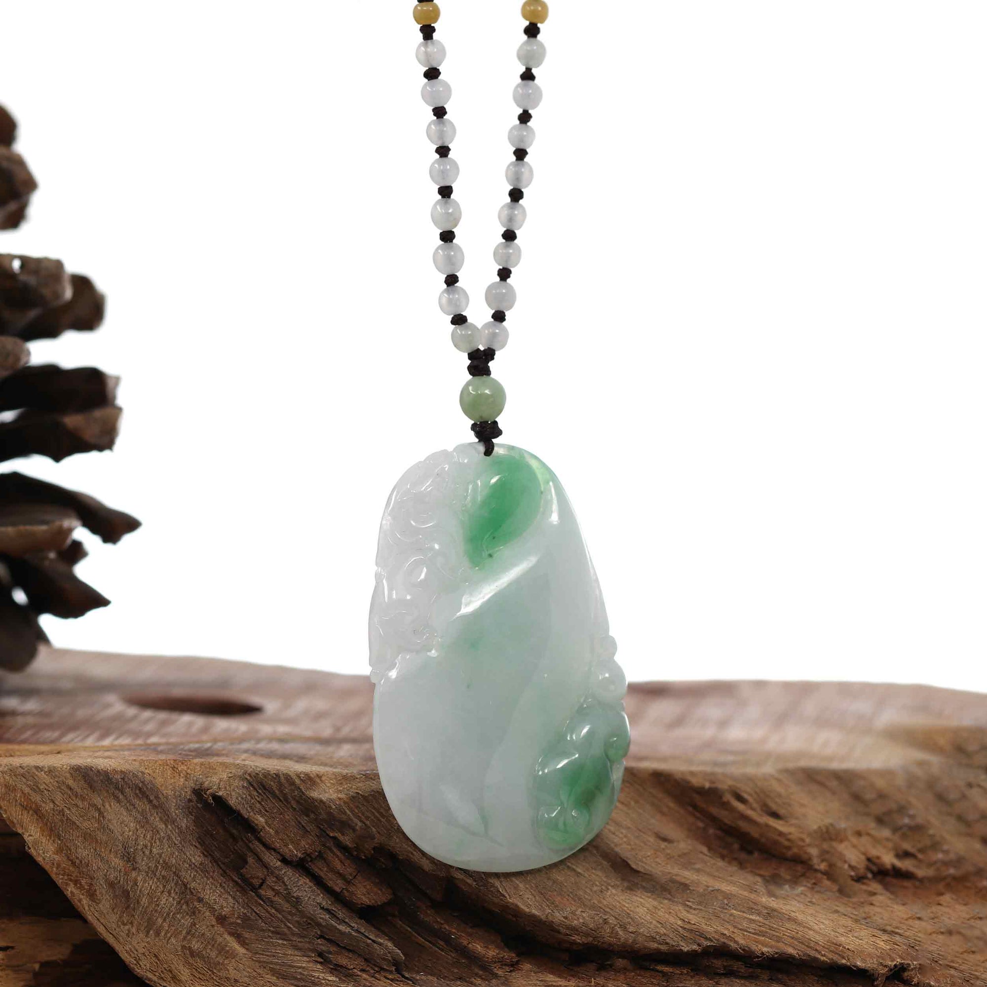 Baikalla Jewelry Jade Pendant Necklace Genuine Green Jadeite Jade &quot;Longevity peach with lucky Pixiu Accent&quot; Pendant Necklace With Real Jadeite Bead Necklace