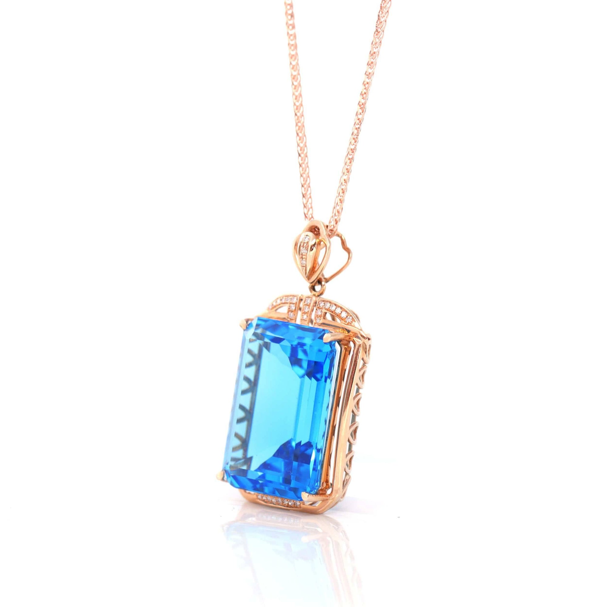 Baikalla Jewelry Gemstone Pendant Necklace 14k Rose Gold London Blue Topaz Faceted Emerald Cut Prong Set Necklace With Diamonds