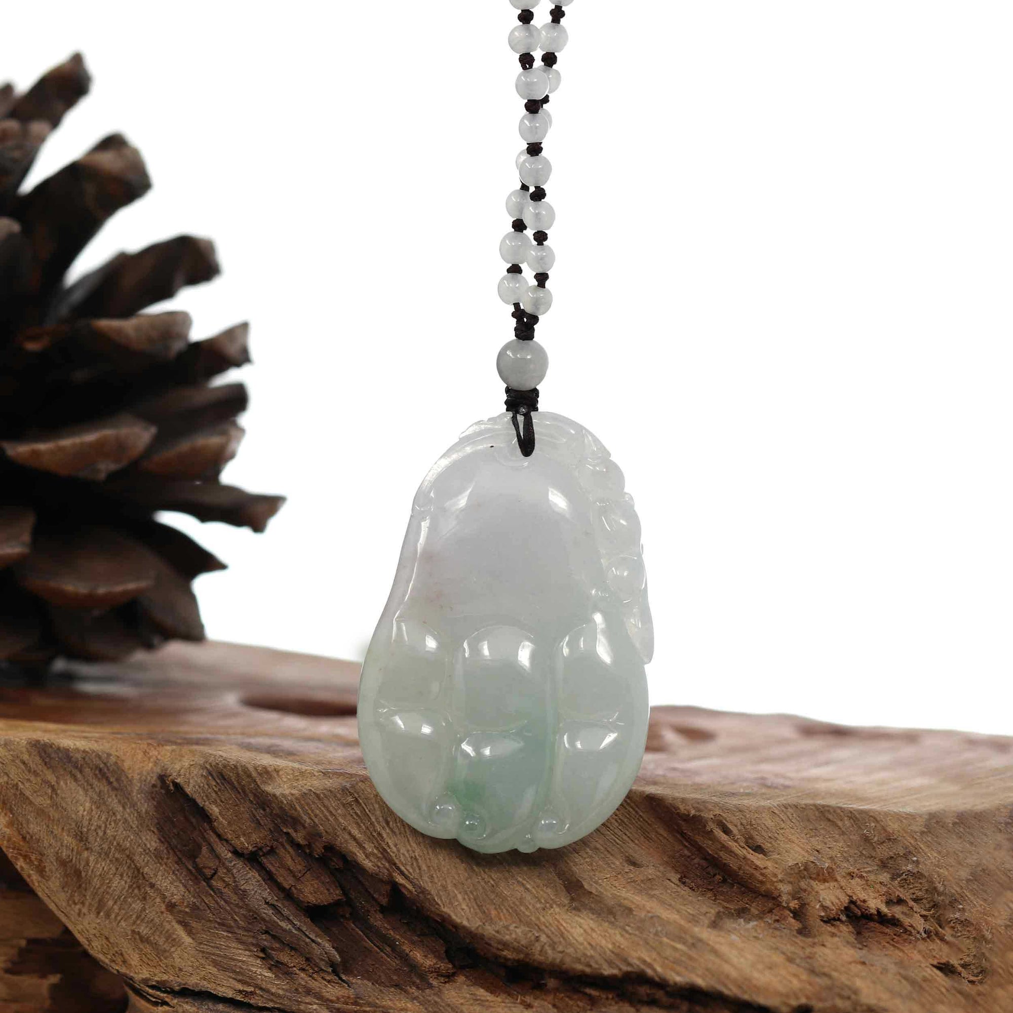 Baikalla Jewelry Jade Carving Necklace Genuine Green & Light Lavender "Buddha's Palm" Jadeite Jade Good Luck Pendant Necklace With Real Jadeite Bead Necklace