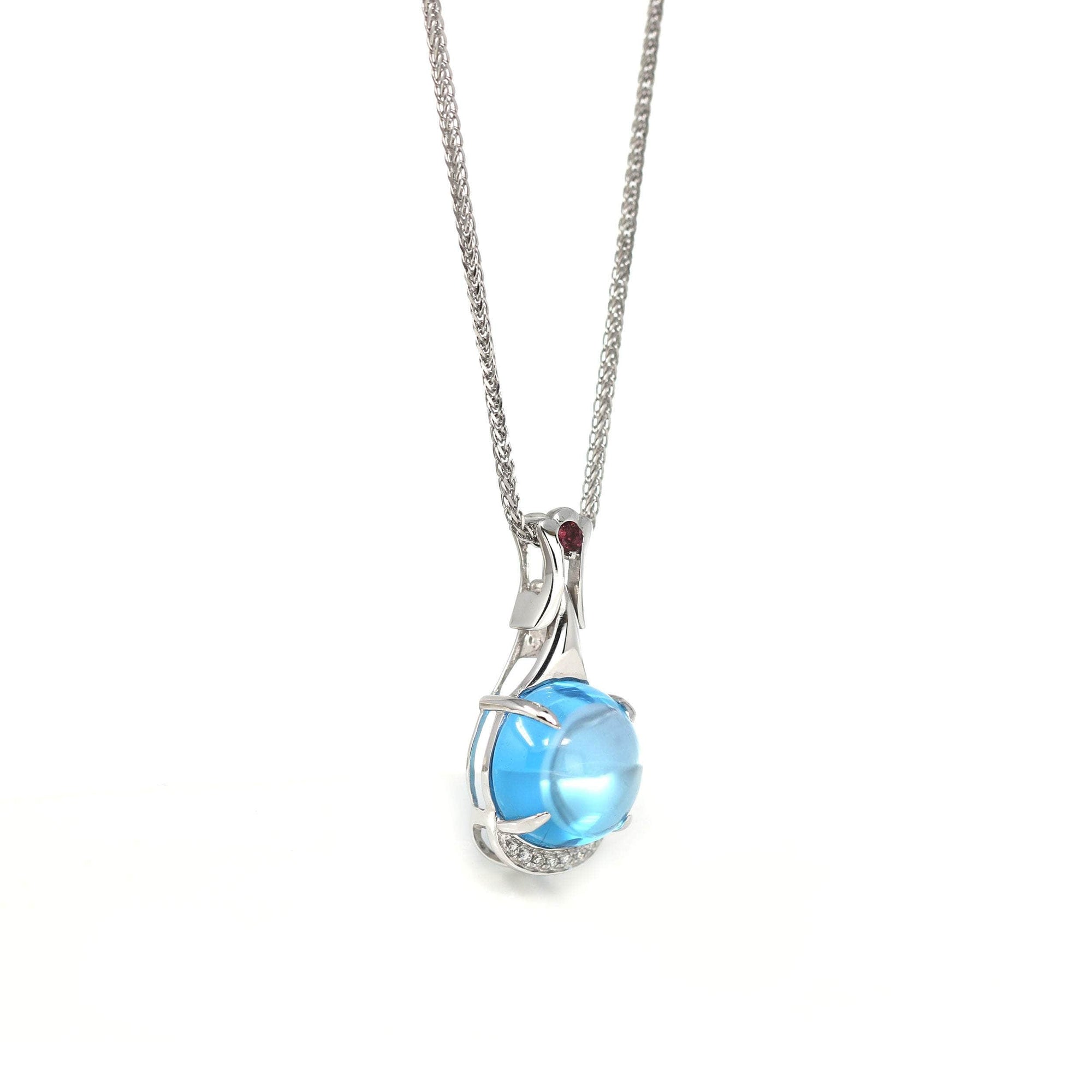 Baikalla Jewelry gemstone jewelry 18k White Gold Genuine Cabochon Cut London Blue Topaz &amp; Diamonds Pendant Necklace