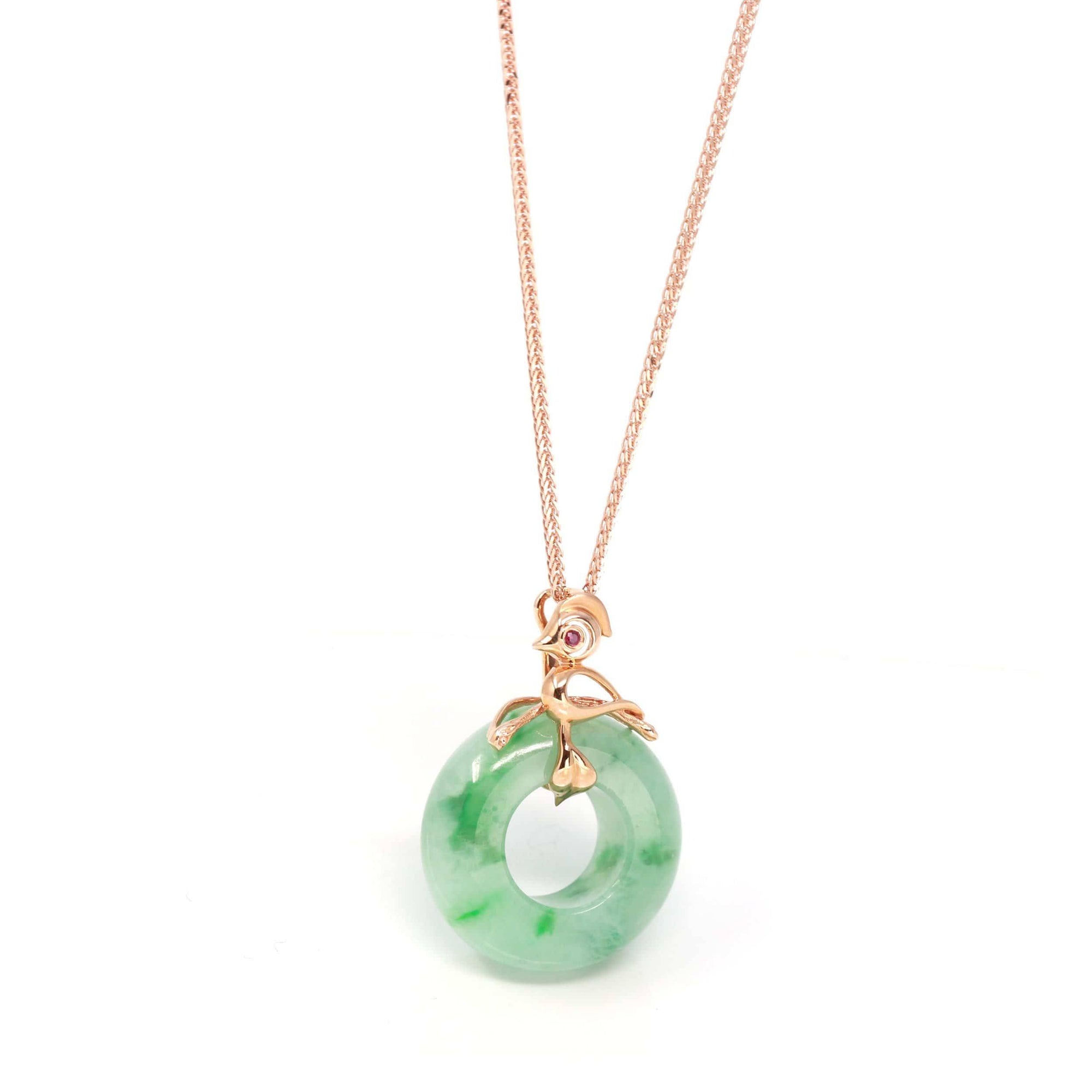 Baikalla Jewelry 18k Gold Jadeite Necklace Baikalla™ &quot;Good Luck Birdie&quot; 18k Rose Gold Genuine Burmese Jadeite Lucky Pendant Necklace With AA Ruby &amp; Diamond