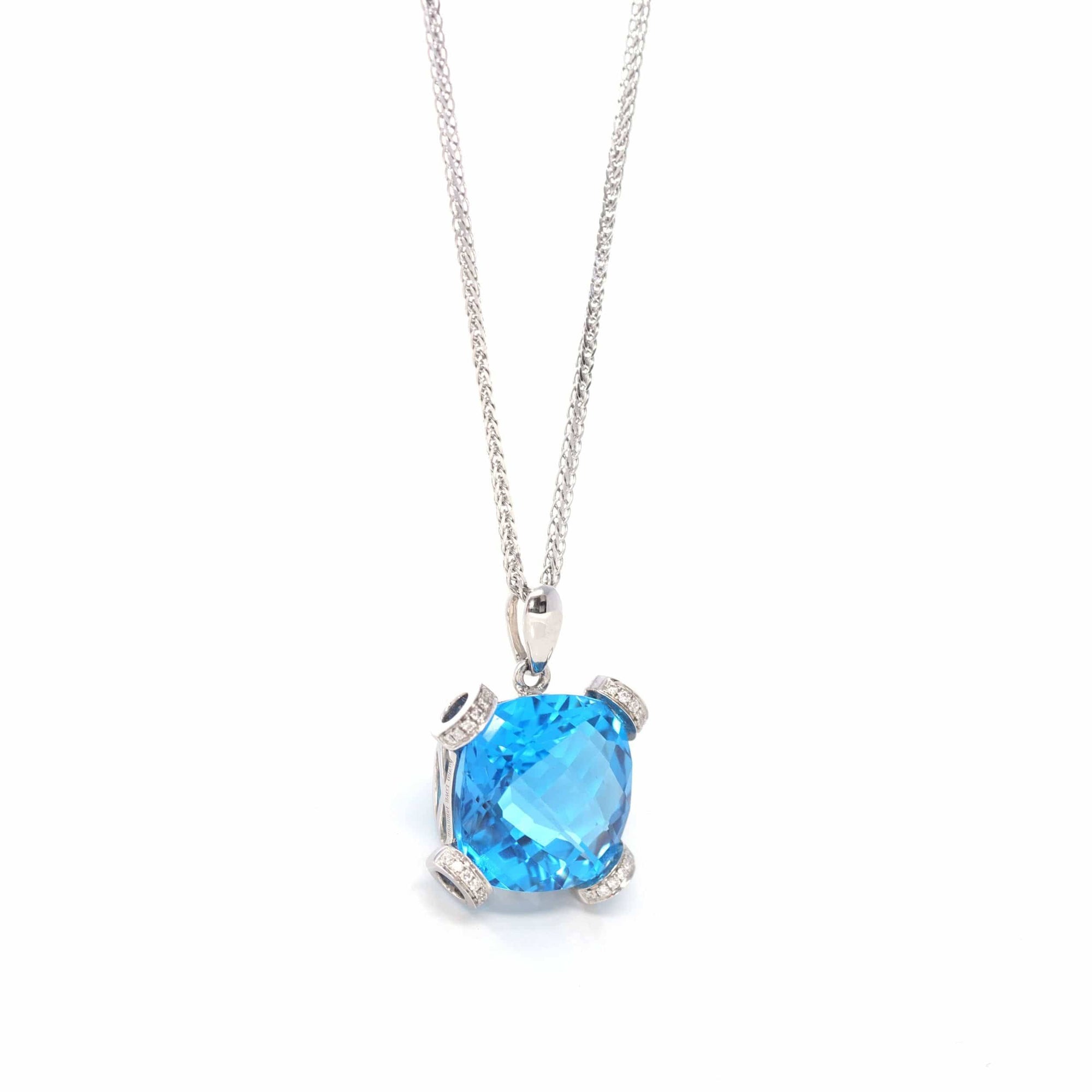 Baikalla Jewelry gemstone jewelry 18k White Gold Genuine Cushion Cut London Blue Topaz & Diamonds Pendant Necklace