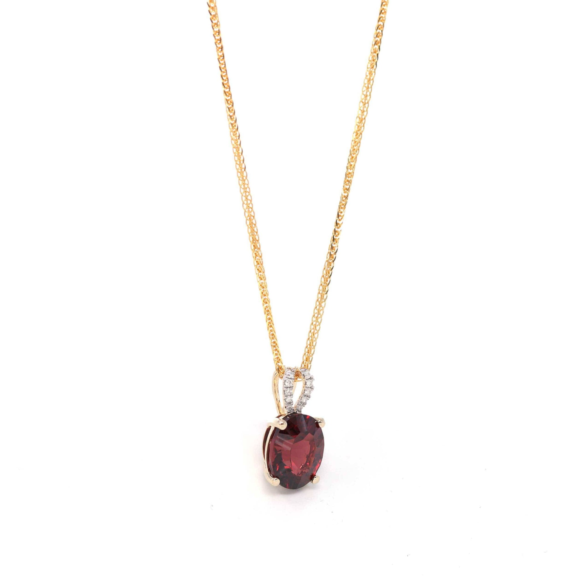 Baikalla Jewelry gemstone jewelry 14k Yellow Gold Natural Oval Garnet Necklace With Diamonds