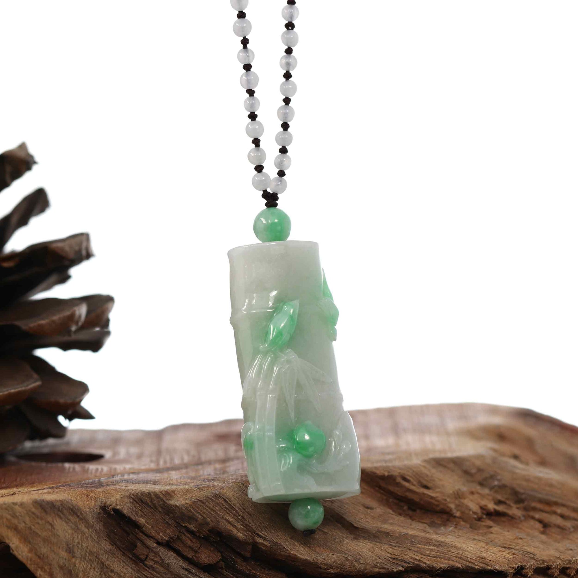 Baikalla Jewelry Jade Pendant Necklace Genuine White &amp; Green Jadeite Jade &quot;Good Luck Bamboo&quot; Pendant Necklace With Real Jadeite Bead Necklace