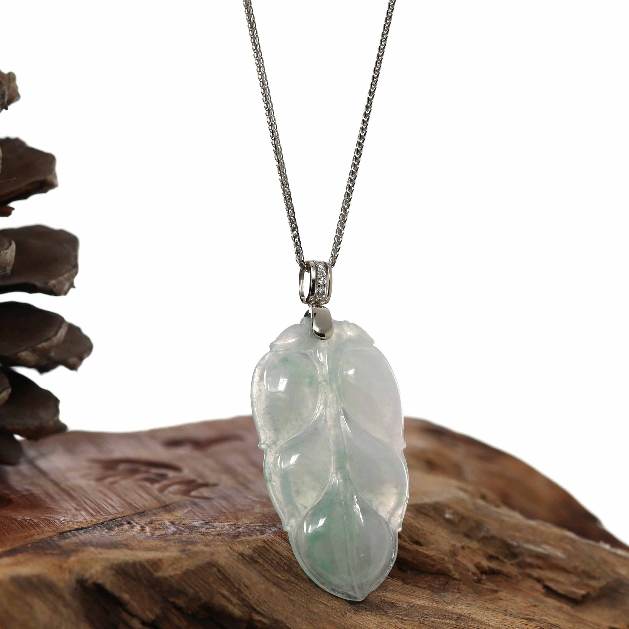 Baikalla Jewelry Jade Guanyin Pendant Necklace Genuine Ice Jadeite Jade Jin Zhi Yu Ye (Leaf) Necklace With White Gold VSI Diamond Bail