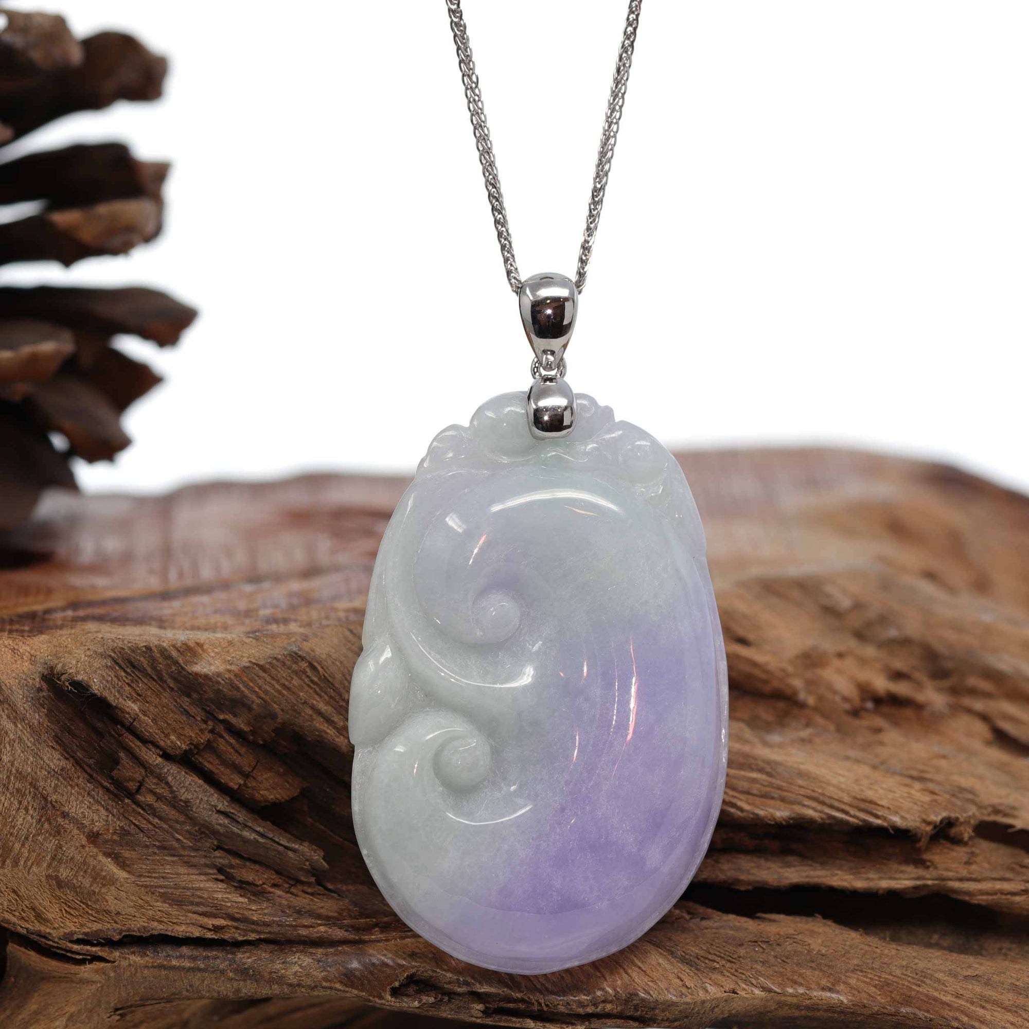 Baikalla Jewelry Jade Guanyin Pendant Necklace Nylon String Necklace Genuine Lavender Jadeite Jade RuYi Pendant Necklace With 14K White Gold Bail