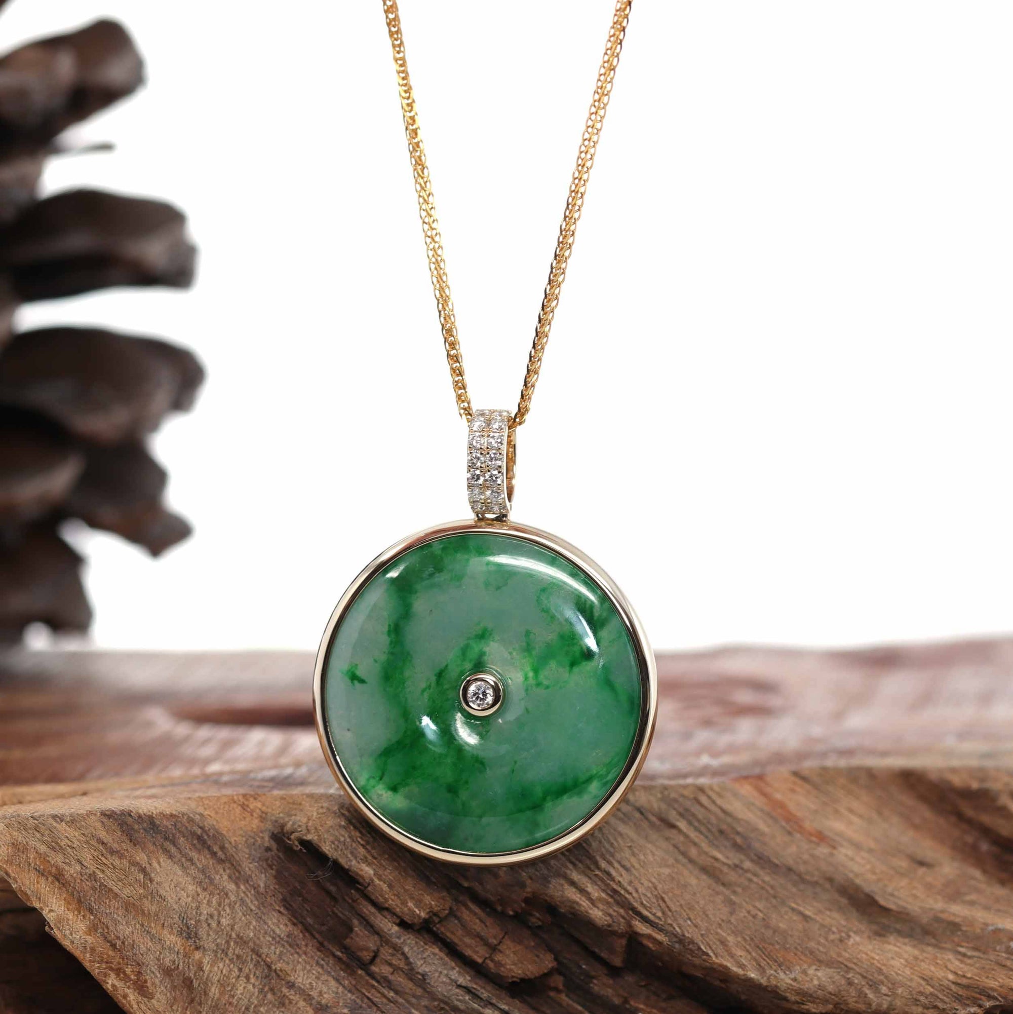 Baikalla Jewelry Gold Jadeite Jade Pendant Necklace 14K Gold "Good Luck Button" Necklace Ice Green Jadeite Jade Lucky KouKou Pendant Necklace