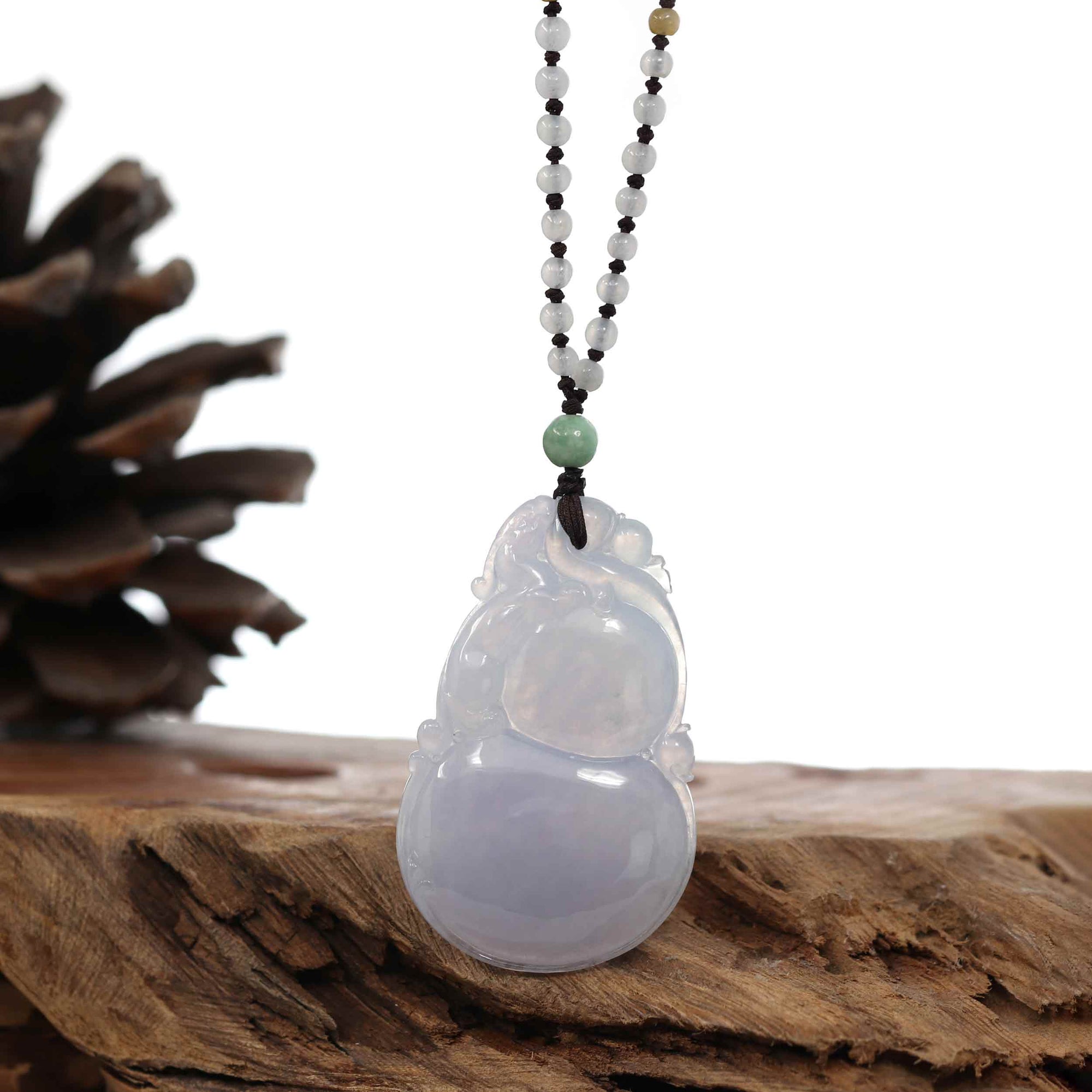 Baikalla Jewelry Jade Pendant Necklace Genuine Ice Light Lavender Jadeite Jade "Good Luck HuLu with Dragon Accent" Pendant Necklace With Real Jadeite Beads Necklace