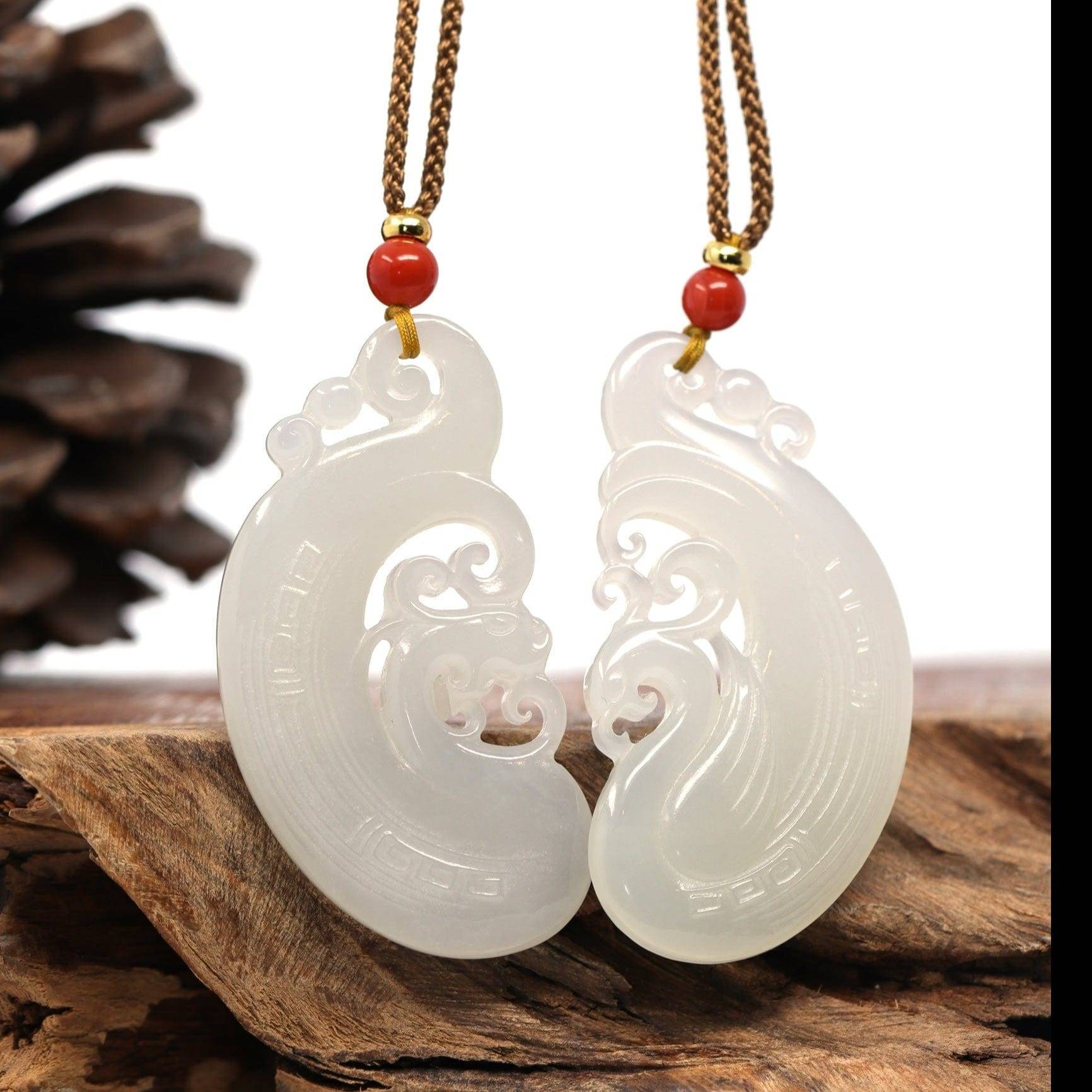 Baikalla Jewelry Jade Pendant Necklace Baikalla™ "Classic Dragon & Phoenix" Genuine HeTian White Nephrite Jade LongFeng Pendant Necklace