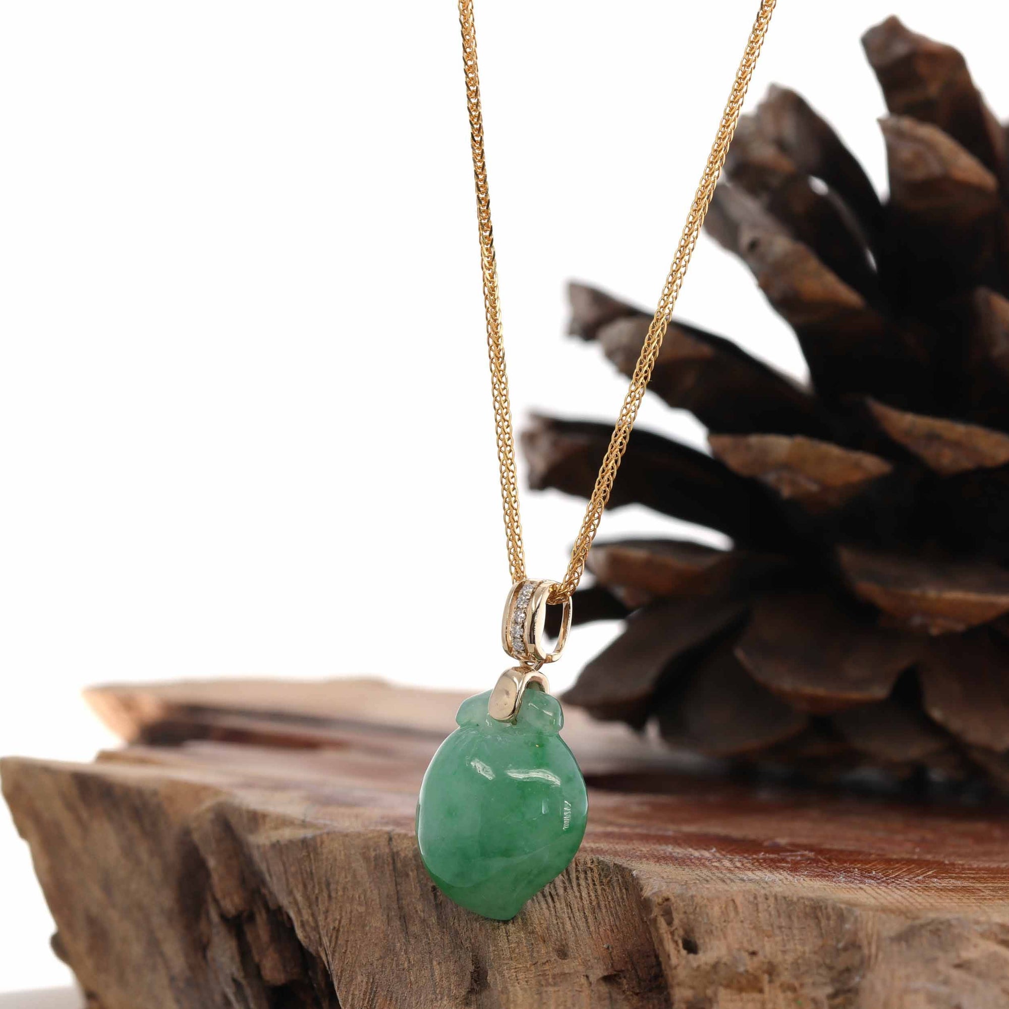 Baikalla Jewelry Jade Pendant 14k Yellow Gold Natural Jadeite Jade "Longevity Peach" Shou Tao Necklace