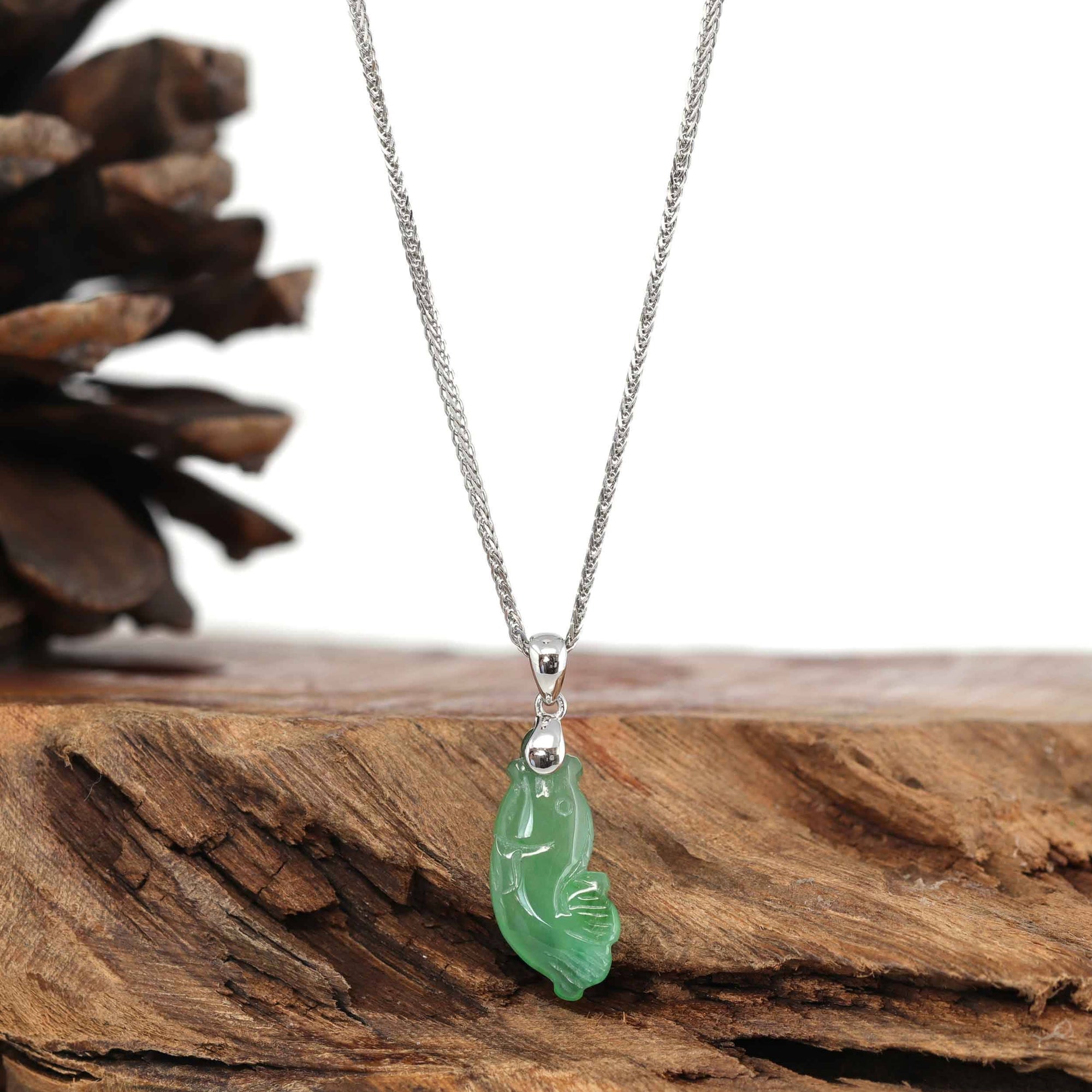 Baikalla Jewelry Jade Pendant Necklace Pendant Only Baikalla &quot;Prosperity Every Year (年年有鱼)&quot; Lucky Fish Carving Pendant Necklace Natural Green Jadeite Jade JG154