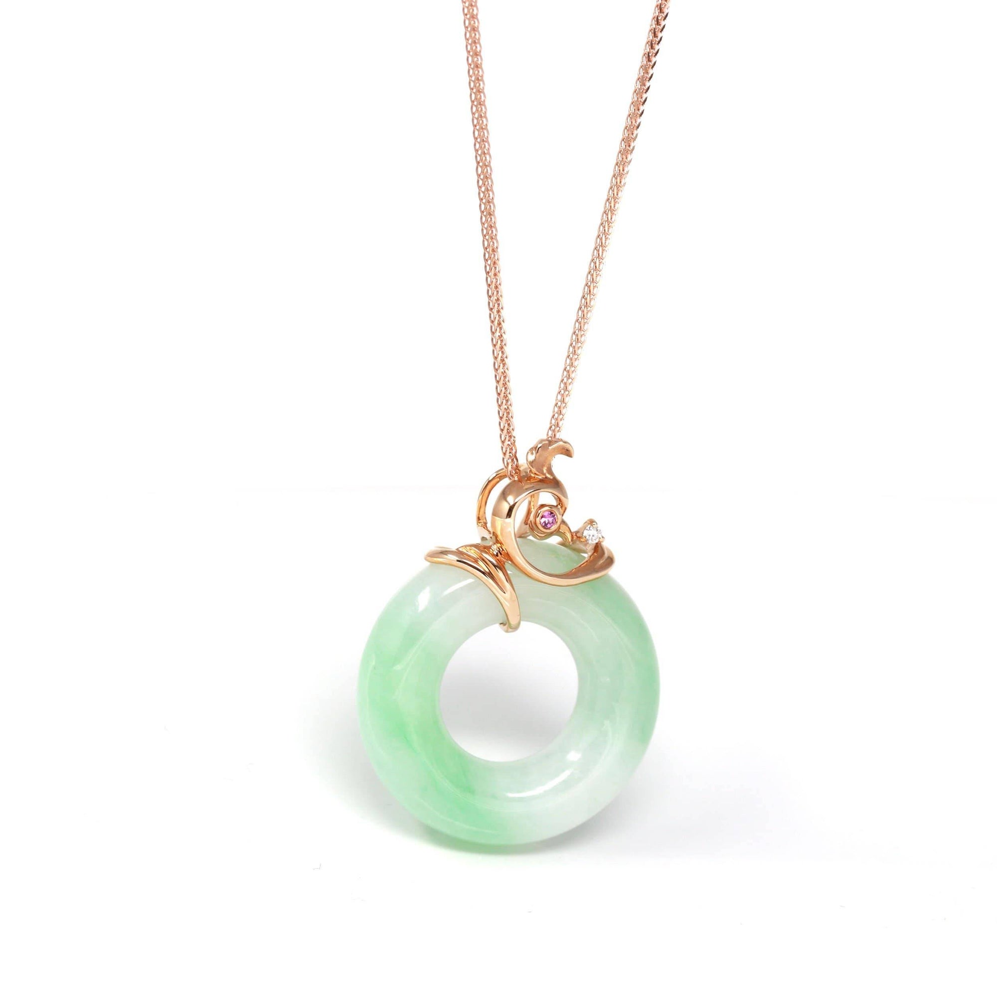 Baikalla Jewelry 18k Gold Jadeite Necklace Baikalla™ "Good Luck Birdie" 18k Rose Gold Genuine Burmese Jadeite Lucky Pendant Necklace With AA Ruby & Diamond