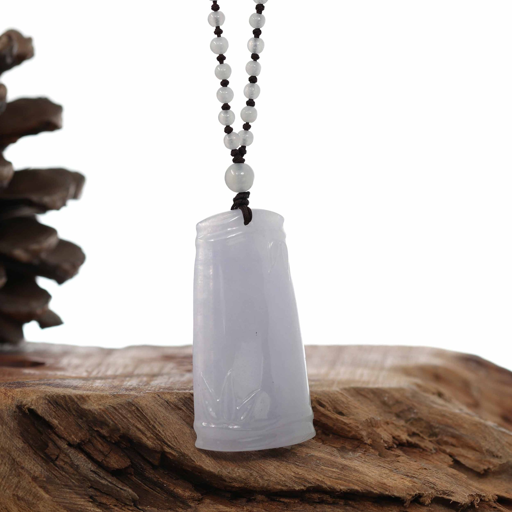 Baikalla Jewelry Jade Pendant Necklace Genuine Light Lavender Jadeite Jade "Good Luck Bamboo" Pendant Necklace With Real Jadeite Bead Necklace