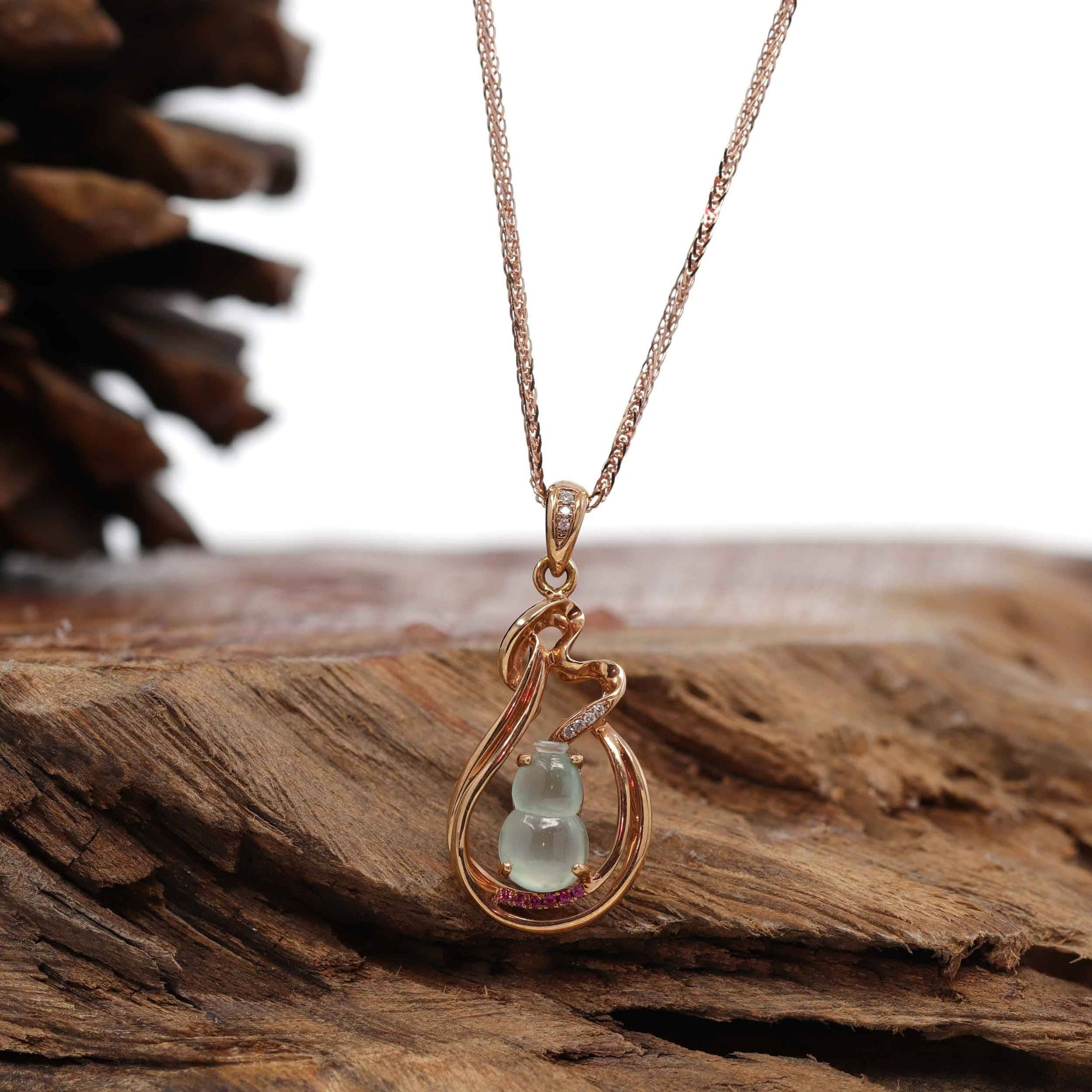 Baikalla Jewelry 18k Gold Jadeite Necklace 18K Rose Gold Ice Jadeite Jade Hulu Necklace with Diamonds