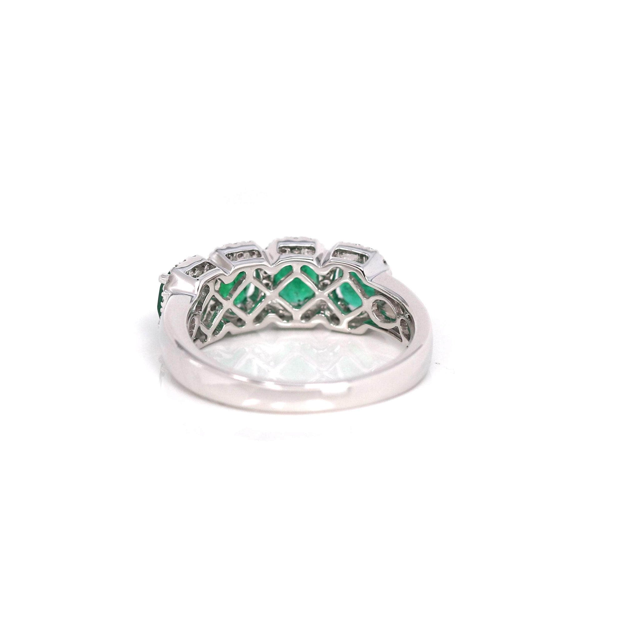 Baikalla Jewelry Gold Emerald Ring 18k White Gold Natural Emerald Four Stones Set Band Ring with Diamonds