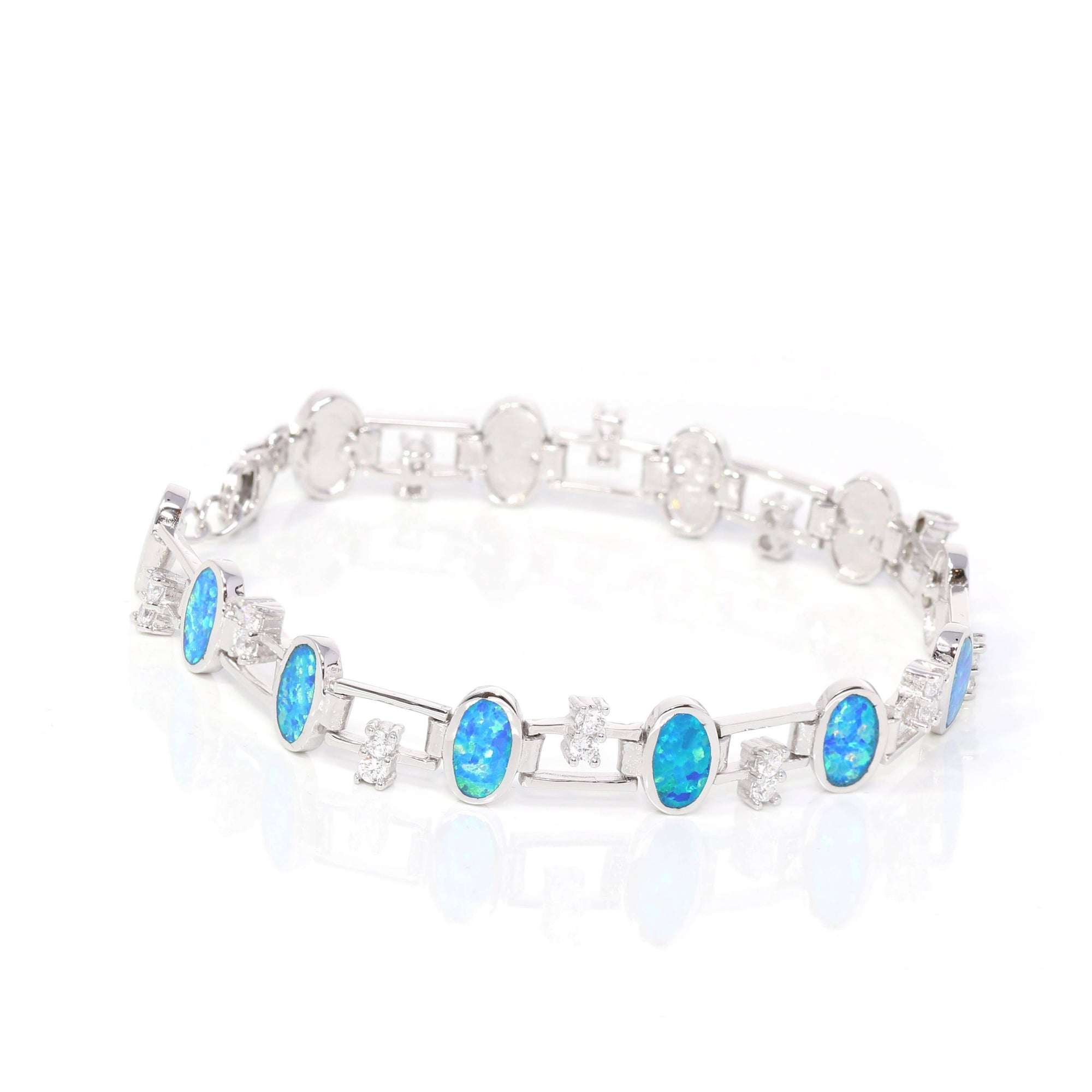 Baikalla Jewelry Silver Gemstone Bracelet Baikalla™ Sterling Silver Lab-Created Classic Oval Opal Cute Bracelet With CZ