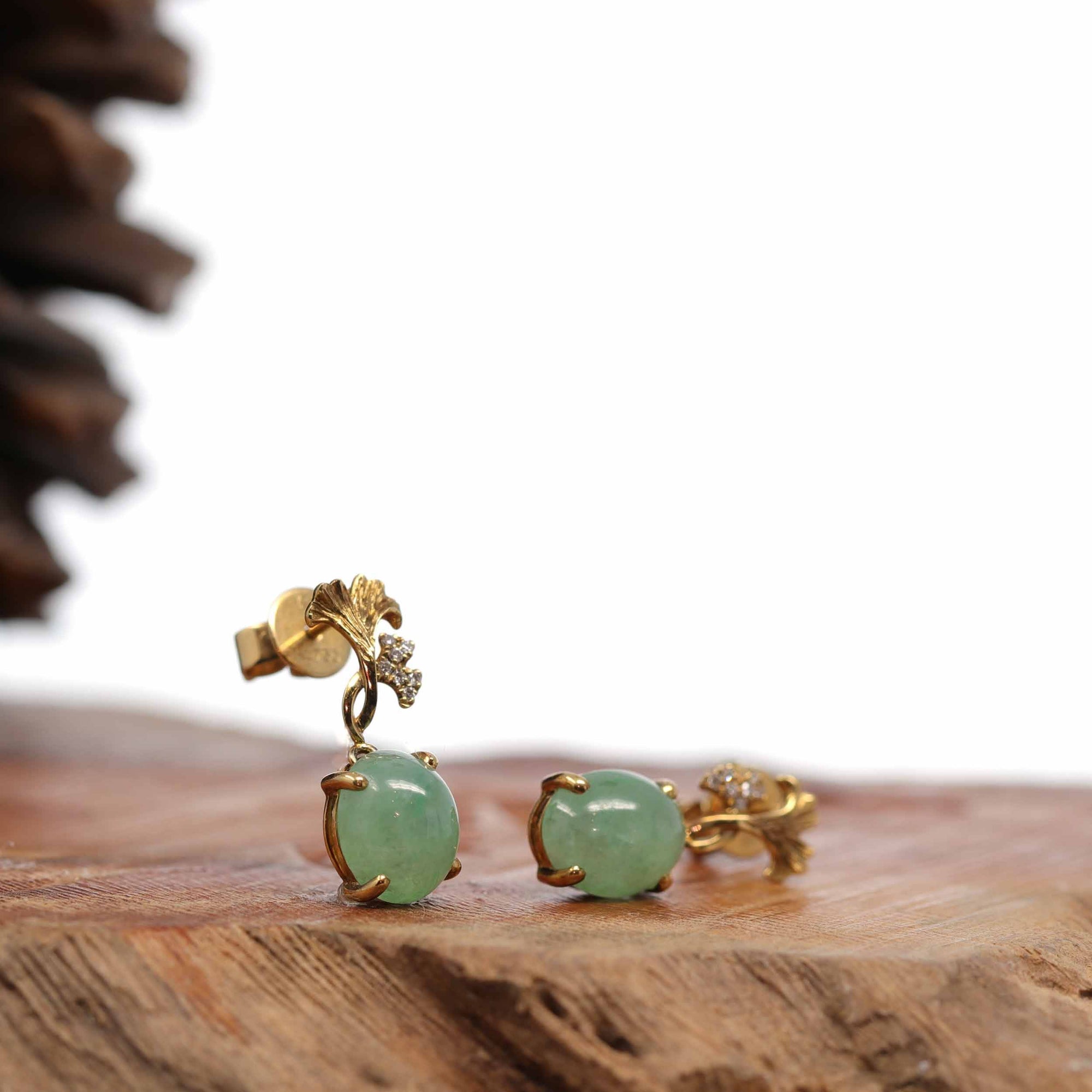 Baikalla Jewelry Gold Jade Earrings 18K Rose Gold "Apricot Blossom" Green Jadeite Jade Dangle Stud Earrings