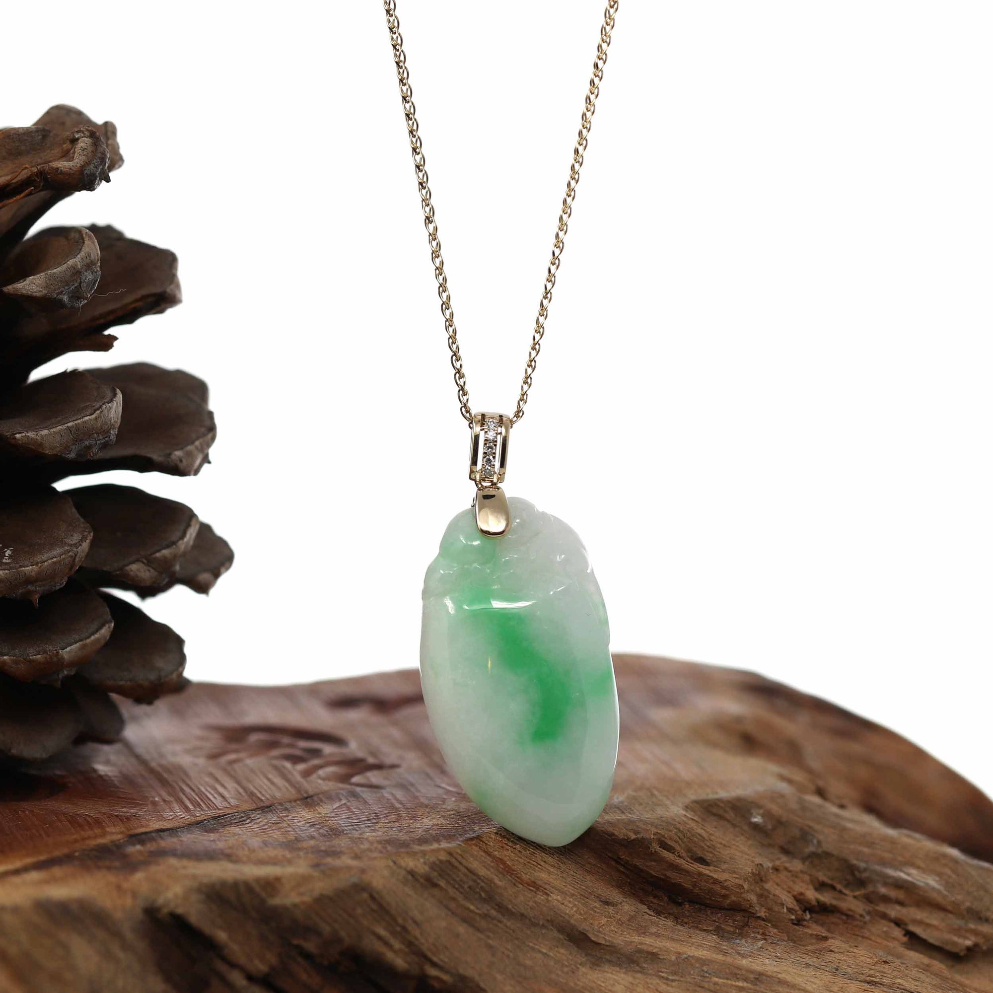 Baikalla Jewelry Jade Pendant Natural Green Jadeite Jade Shou Tao (Longevity Peach) Necklace With 14k Yellow Gold Diamond Bail