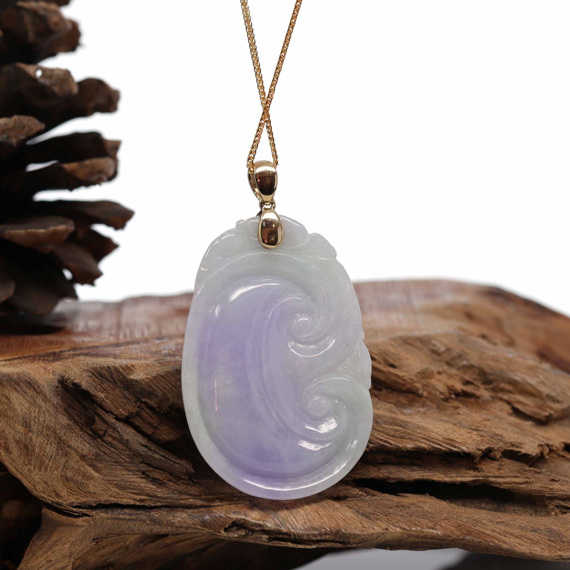 Baikalla Jewelry Jade Guanyin Pendant Necklace Genuine Lavender Jadeite Jade RuYi Pendant Necklace With 14K Yellow Gold Bail