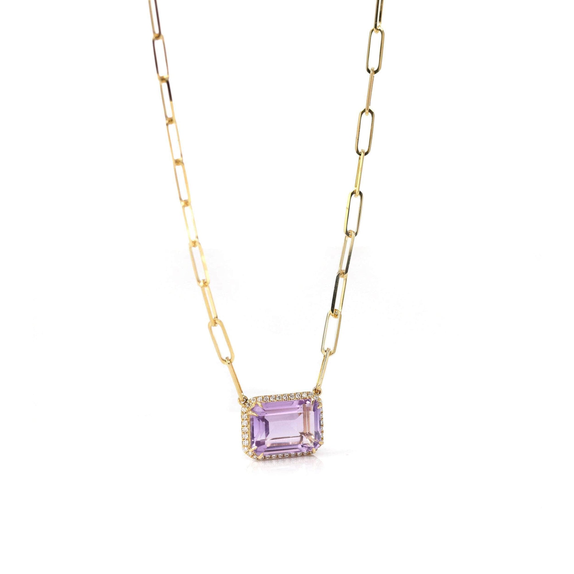 Baikalla Jewelry Gemstone Pendant Necklace 18k Yellow Gold AAA Royal Amethyst Emerald Cut Pendant Necklace With Diamonds