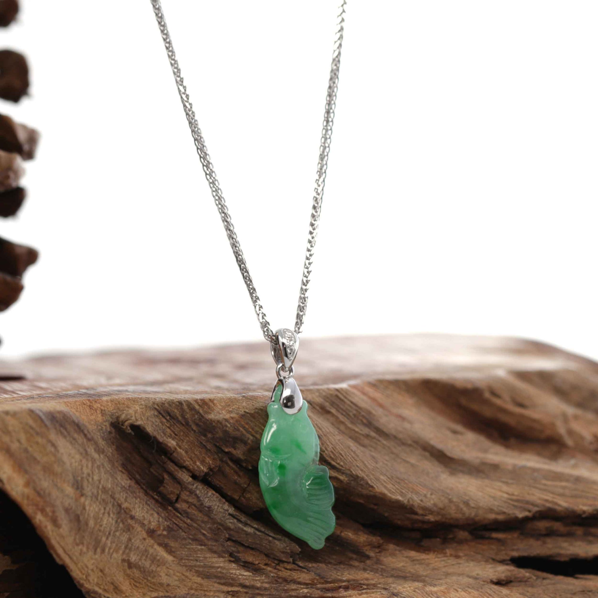 Baikalla Jewelry Jade Pendant Necklace Baikalla &quot;Prosperity Every Year (年年有鱼)&quot; Lucky Fish Carving Pendant Necklace Natural Jadeite Jade