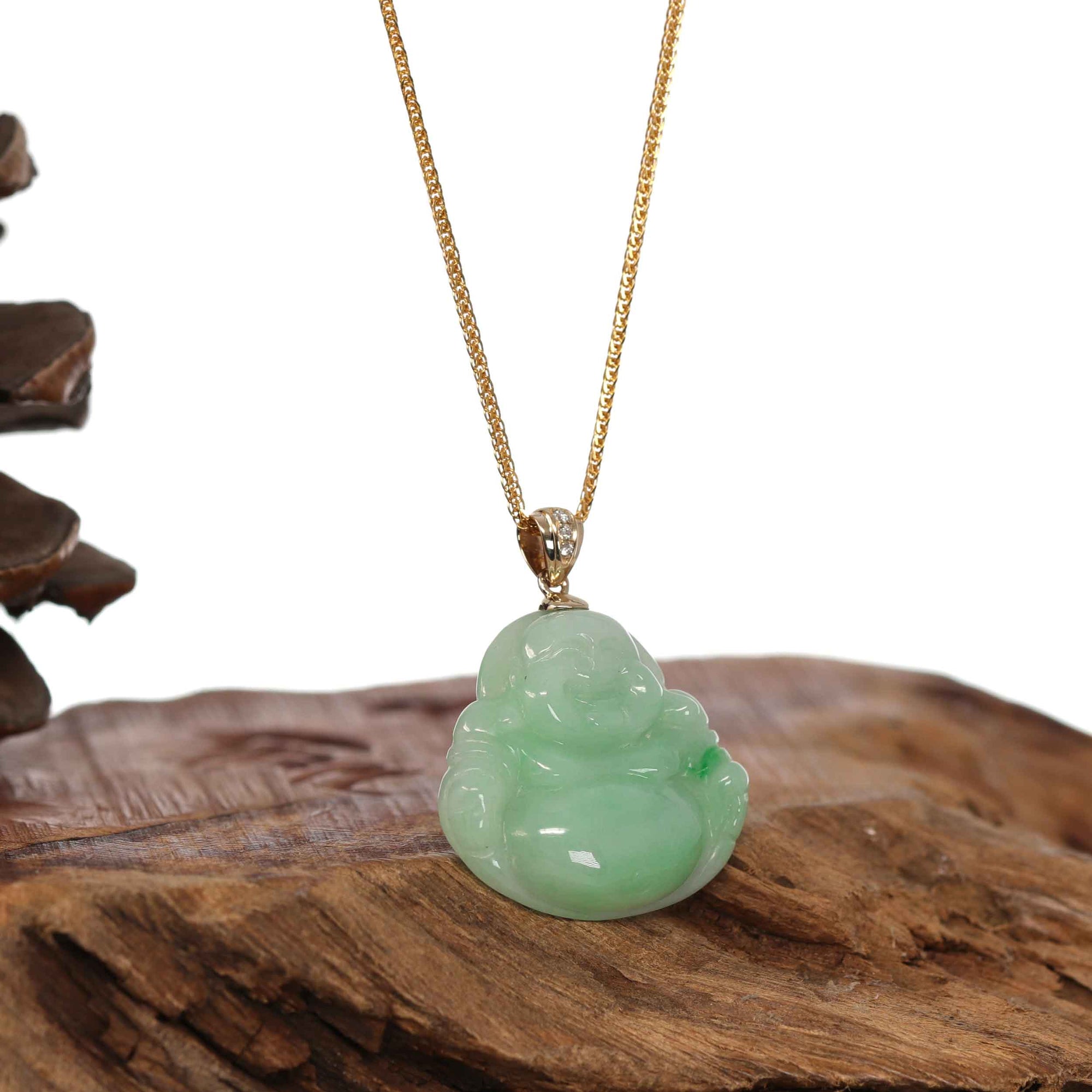 Baikalla Jewelry Gold Jadeite Jade Pendant Necklace Natural Burmese Jadeite Jade Happy Buddha With 14k Yellow VS1 Diamond Bail