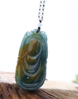 Baikalla Jewelry Jade Carving Necklace Baikalla™ The Demon Hunter" (Zhong Kui)Natural Jadeite Dark Green to Deep Blue Jade Necklace, Collector's piece