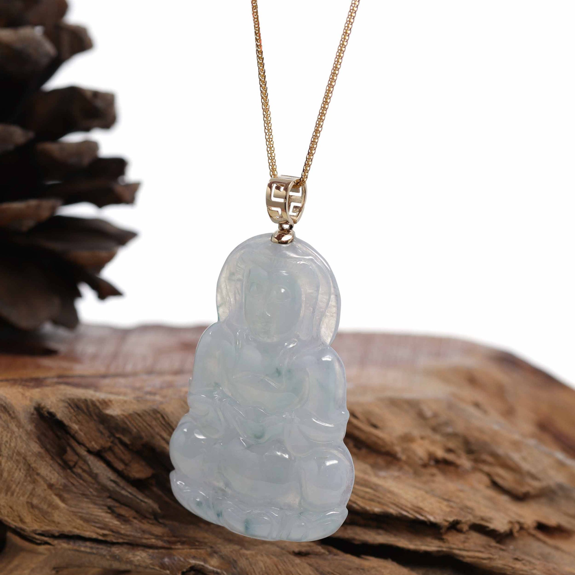 Baikalla Jewelry Jade Guanyin Pendant Necklace Baikalla 14k "Goddess of Compassion" Genuine Burmese Jadeite Jade Guanyin Necklace With Good Luck Design