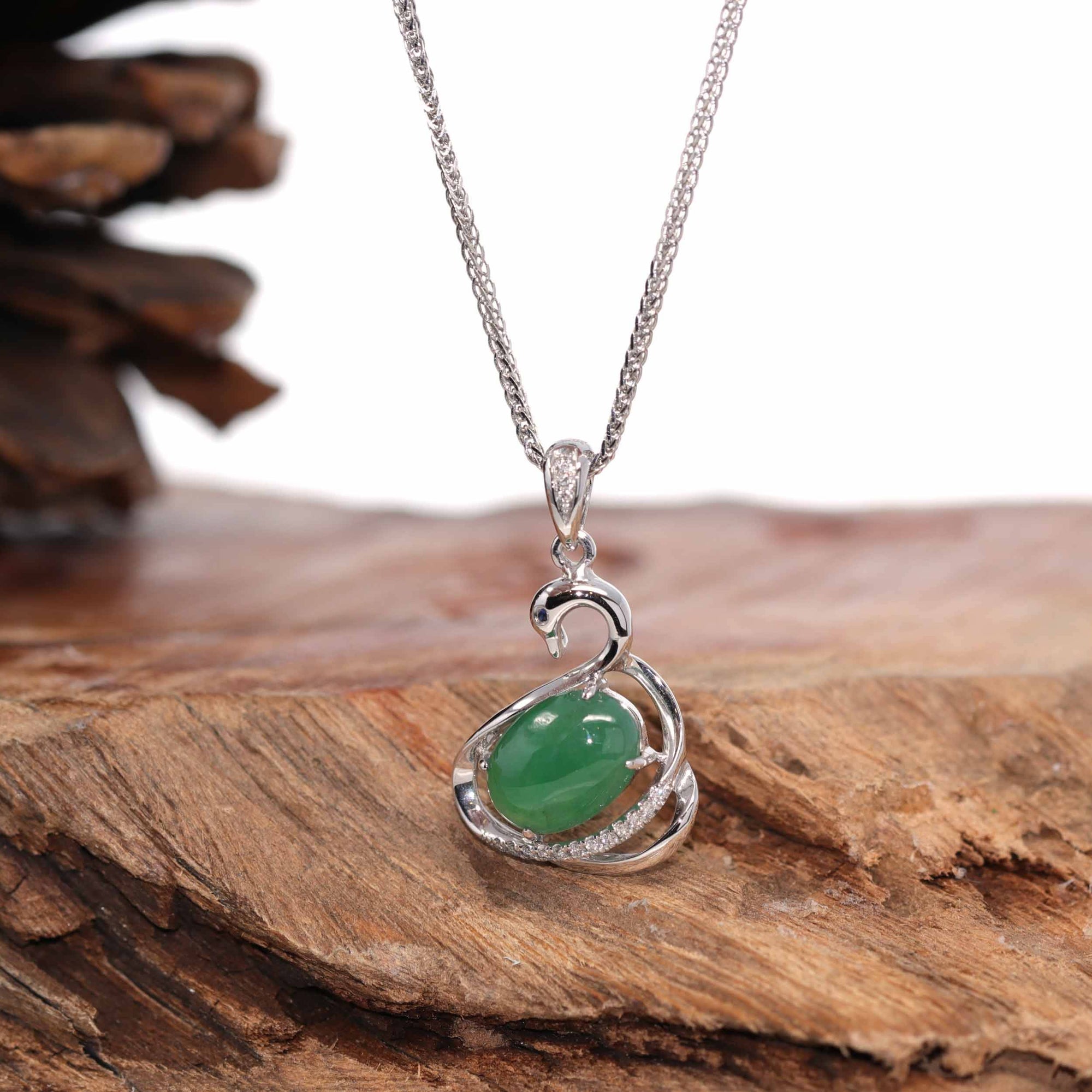 Baikalla Jewelry 18k Gold Jadeite Necklace 18K White Gold &quot;Swan&quot; Imperial Jadeite Jade Cabochon Necklace with Diamonds