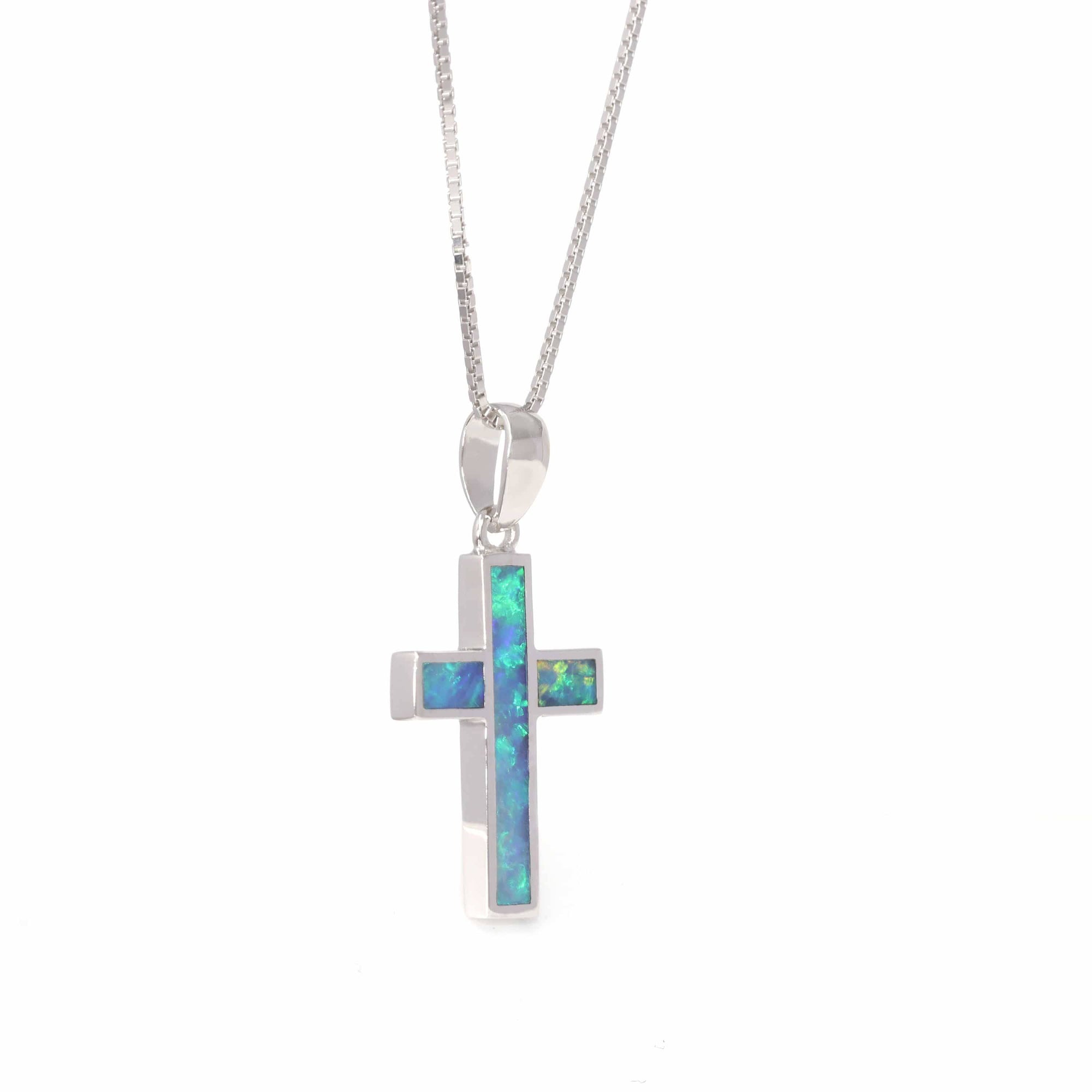 Baikalla Jewelry Gemstone Pendant Necklace Blue Opal Baikalla™ Sterling Silver Freeform Australian Blue Natural Opal Bezel Set Cross Necklace