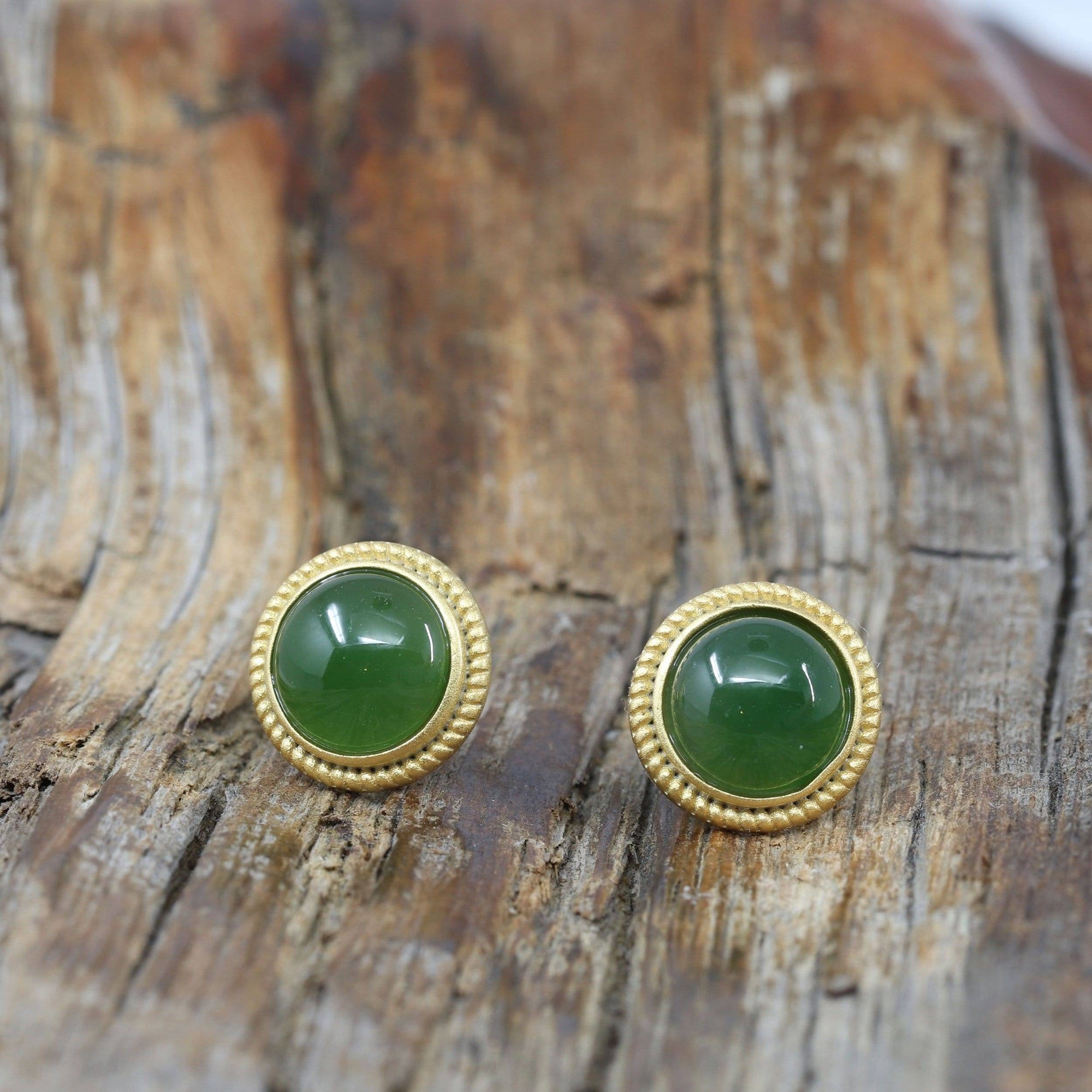 Baikalla Jewelry Silver Gemstone Earrings Baikalla™ &#39;Classic Studs&quot; Gold Plated Sterling Silver Real Green Jade Stud Earrings