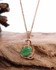 Baikalla Jewelry 18k Gold Jadeite Necklace 18K Rose Gold "Swan" Imperial Jadeite Jade Cabochon Necklace with Diamonds