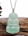 Baikalla Jewelry Jade Guanyin Pendant Necklace Nylon String Necklace 14k White Gold "Goddess of Compassion" Genuine Green Jadeite Jade Guanyin Necklace With Gold Diamond Bail