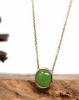 Baikalla Jewelry Gold Jade Pendant 14K Gold Genuine Very High-quality Green Apple Green Jade Circle Pendant Necklace