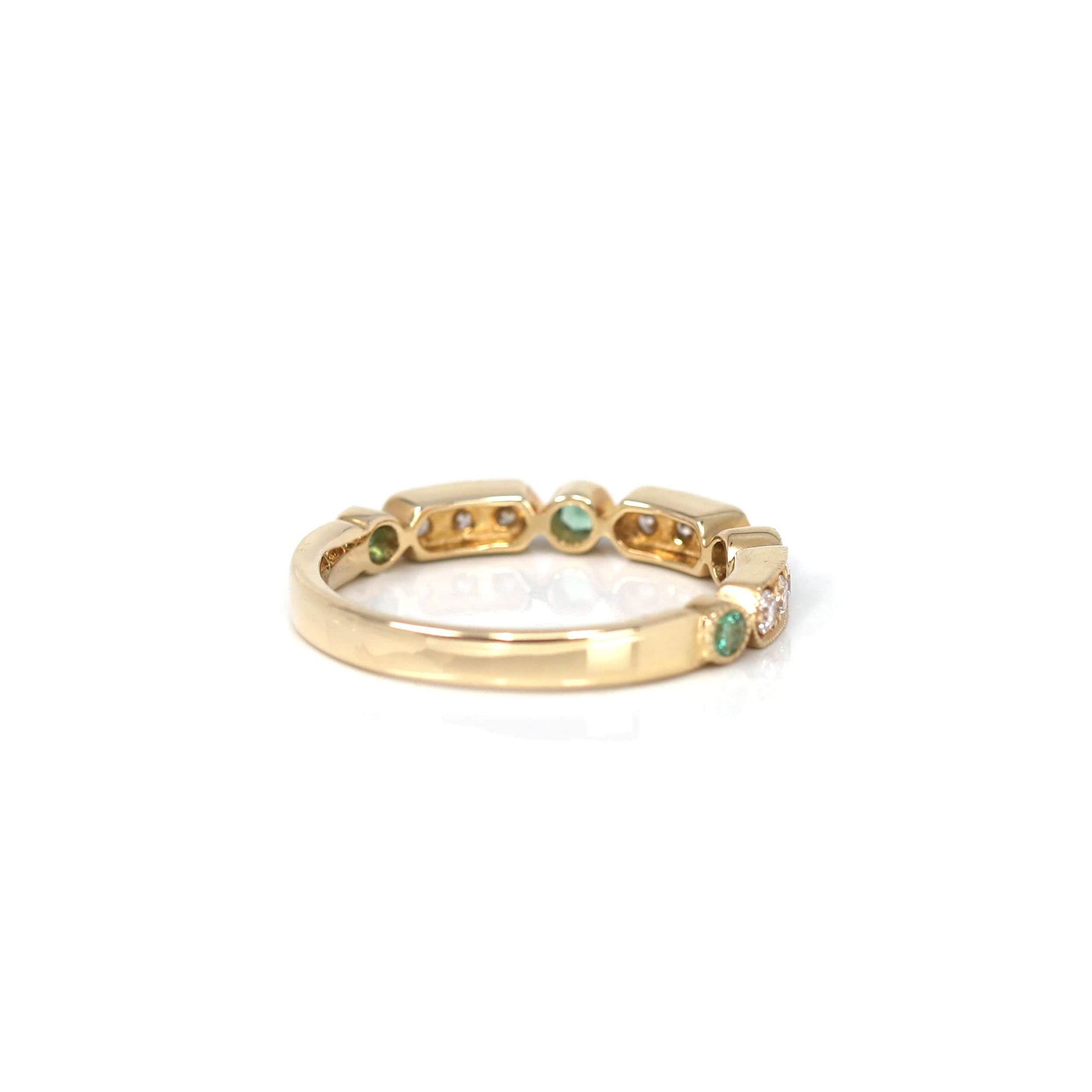 Baikalla Jewelry Gold Emerald Ring 14k Yellow Gold Natural Emerald 4 Stones Set Band Ring with Diamonds