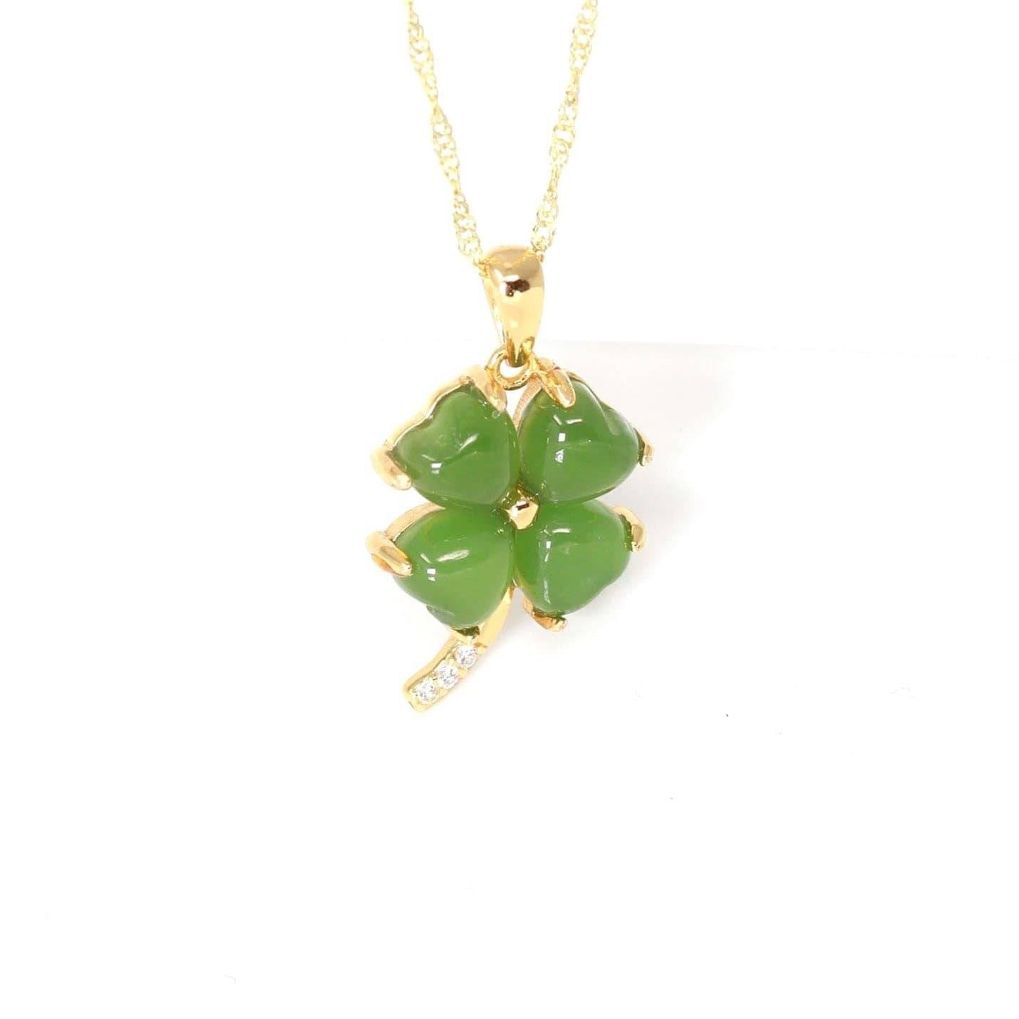 Baikalla Jewelry Silver Jade Pendant Necklace Baikalla™ Sterling Silver Real Green Nephrite Jade Four Leaf Clover Pendant Necklace