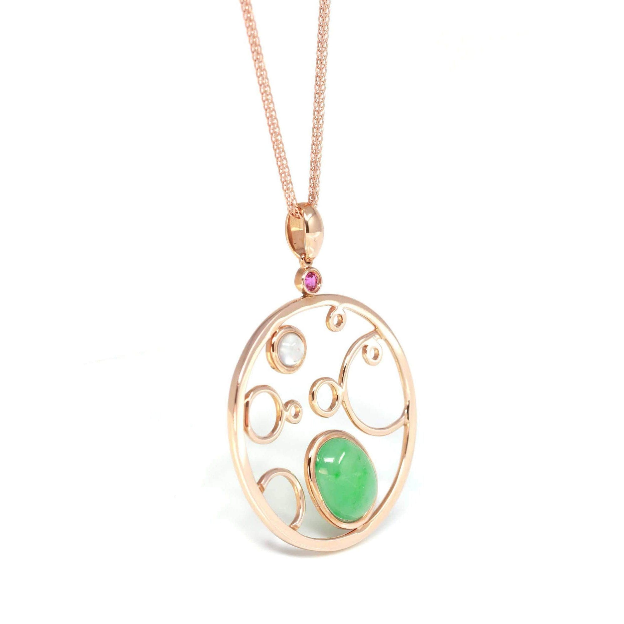 Baikalla Jewelry 18k Gold Jadeite Necklace Baikalla™ "Bubble Collection" 18k Rose Gold Genuine Burmese Jadeite Necklace With Diamonds