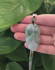 Genuine Ice Blue-Green Jadeite Jade "Good Fortune Leaf" Pendant Necklace With Real Jadeite Bead Necklace