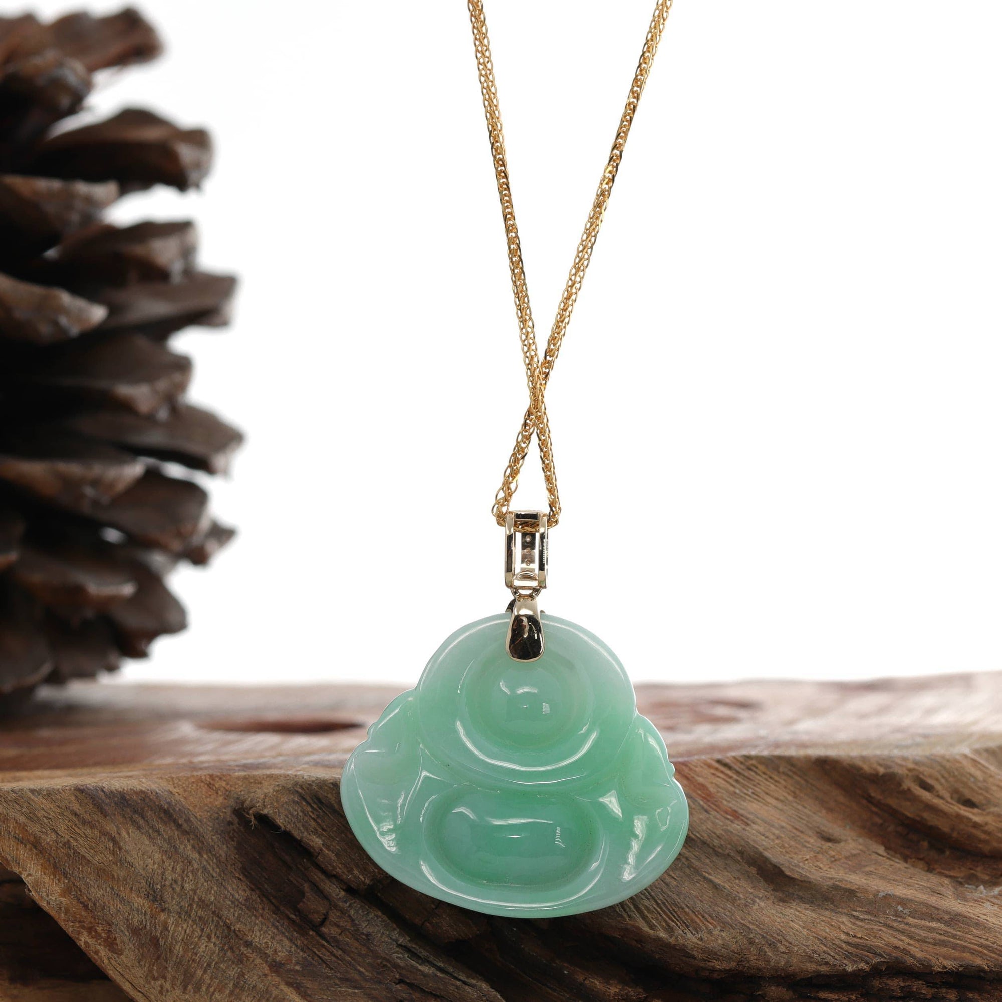 Baikalla Jewelry Jade Pendant Natural Burmese Jadeite Jade &quot;Laughing Buddha&quot; With 14k Yellow VS1 Diamond Bail