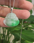 Baikalla™ "Laughing Buddha" Genuine Vibrant Green Jadeite Buddha Pendant Necklace With 14k White Gold Bail