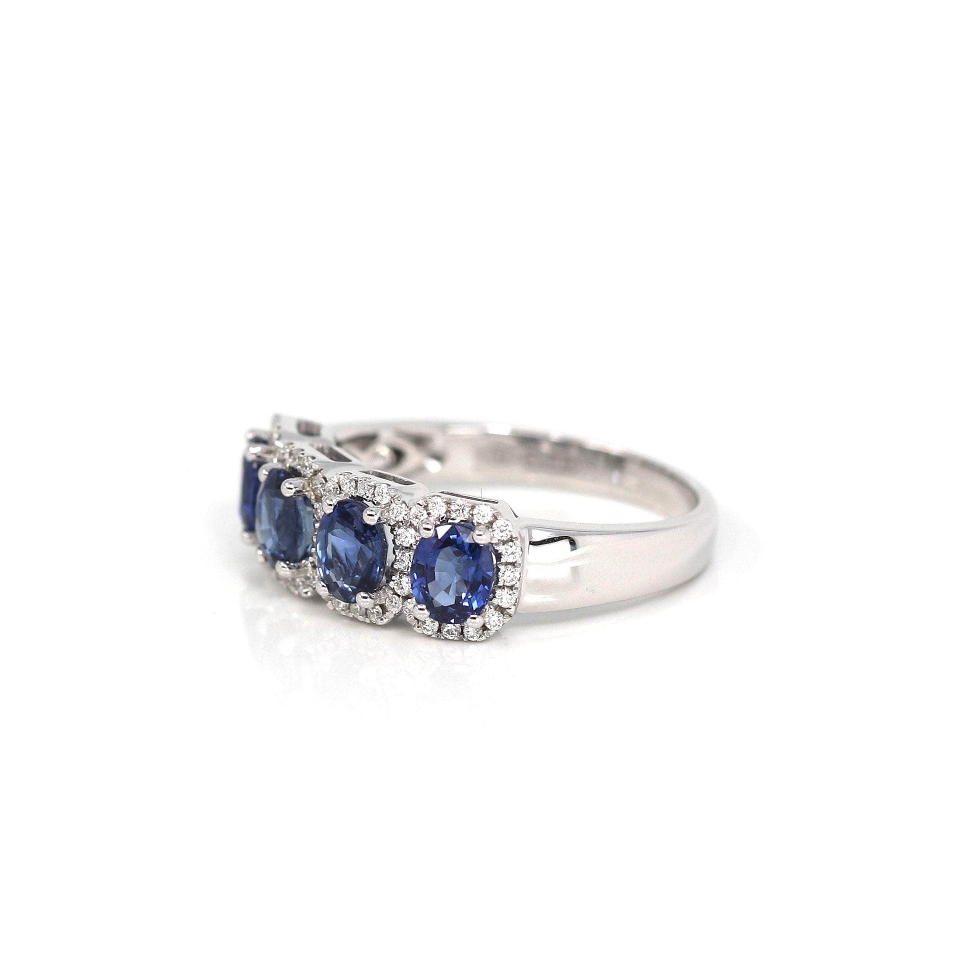 Baikalla Jewelry Gold Sapphire Ring 18k White Gold Natural Blue Sapphire Four Stones Set Band Ring with Diamonds