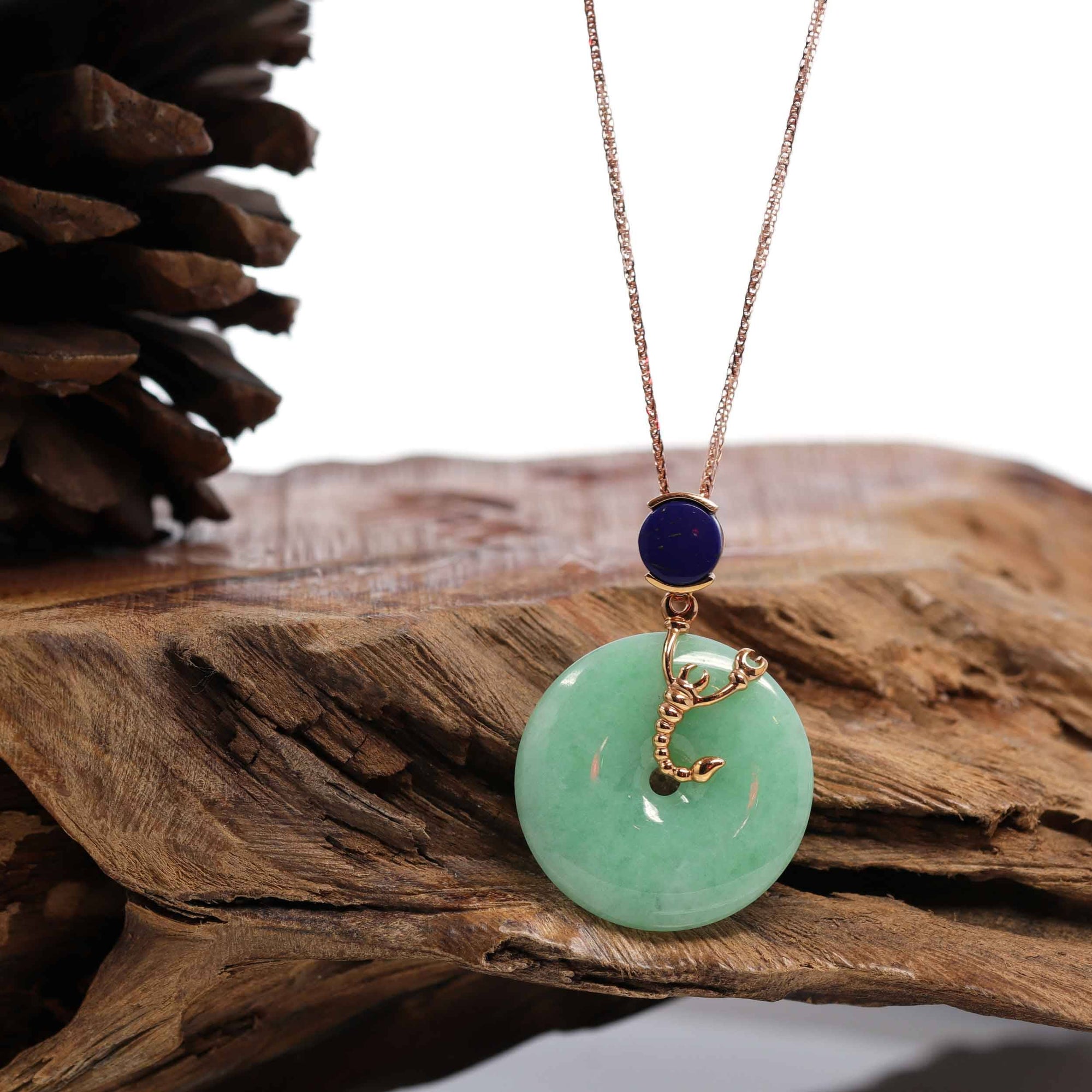 Baikalla Jewelry Gold Jadeite Pendant 18k Rose Gold Genuine Burmese Jadeite Constellation (Scorpio) Necklace Pendant with Lapis Bail